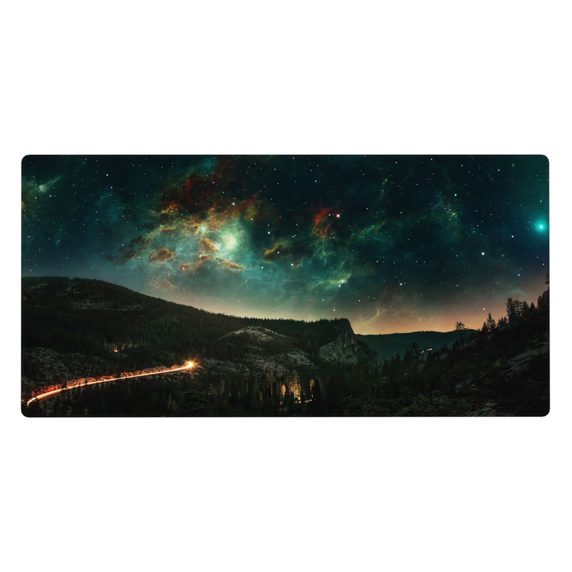 Midnight sky nebula and starfield desk pad with forest silhouettes, 40x20 inches.