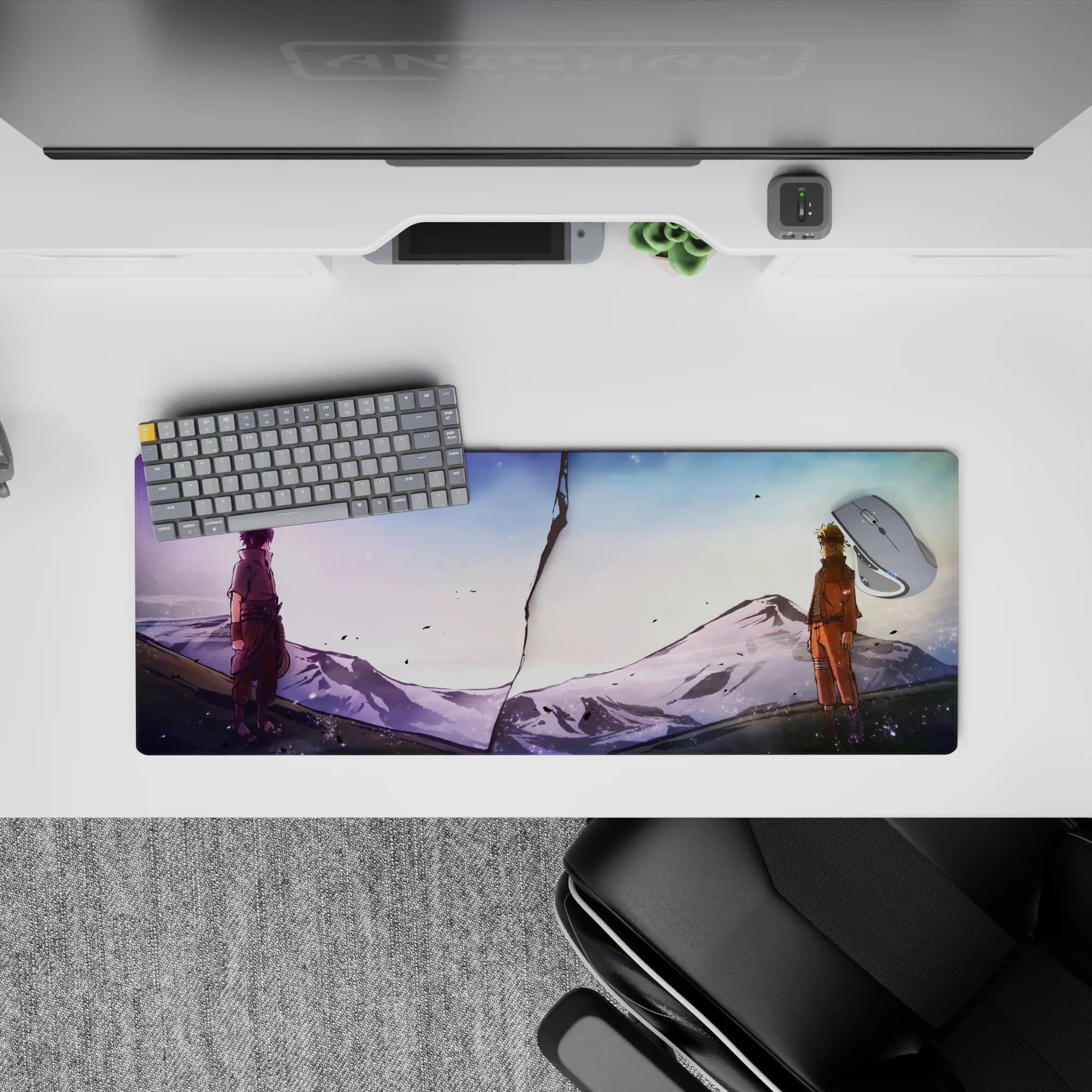 Lavender-to-icy blue sky over snowy peaks, ash flecks, calm storm vibe mouse pad 32x12 inches.