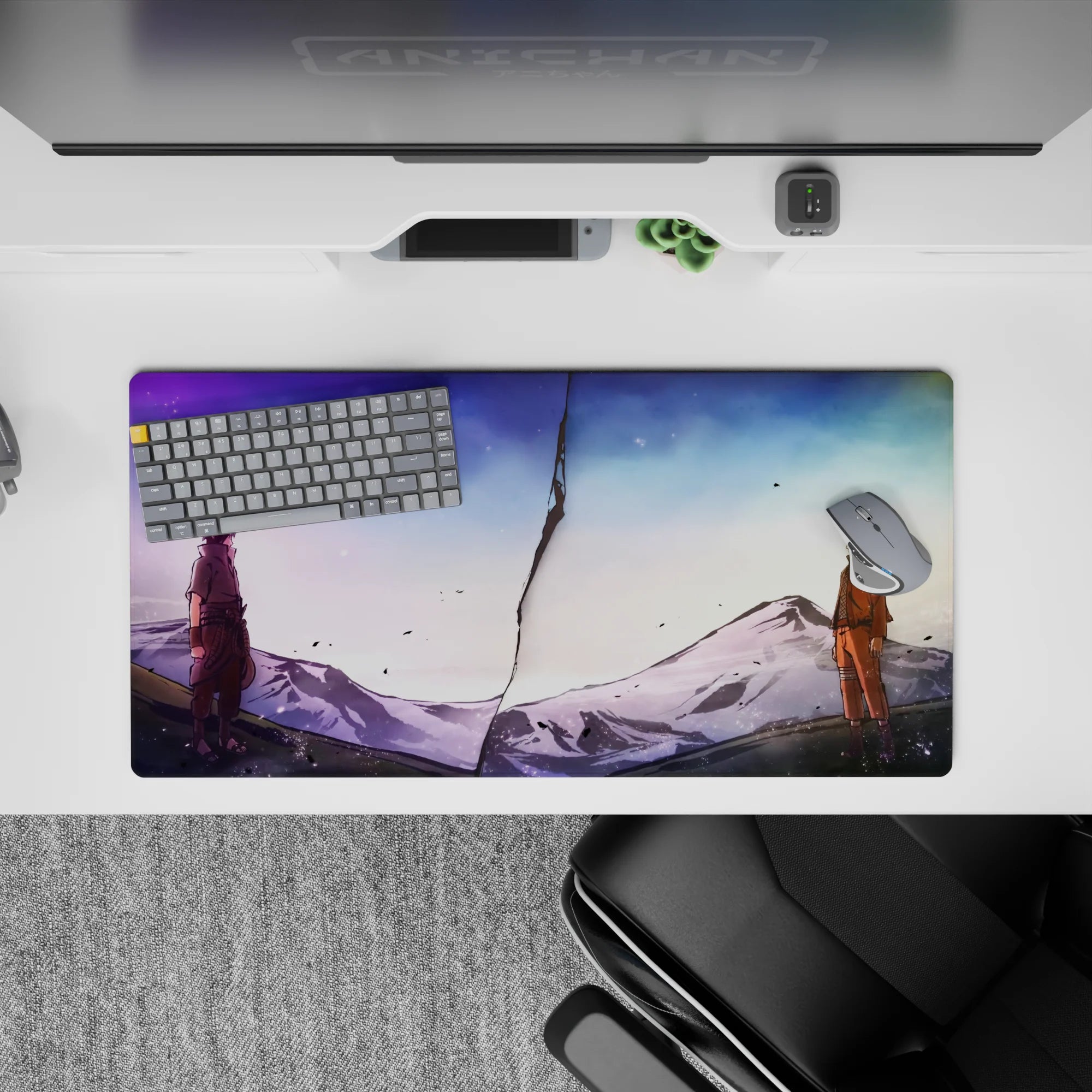 32x16 inches anime mouse pad in soft lavender-to-icy blue tones, calm storm mood with drifting ash flecks.
