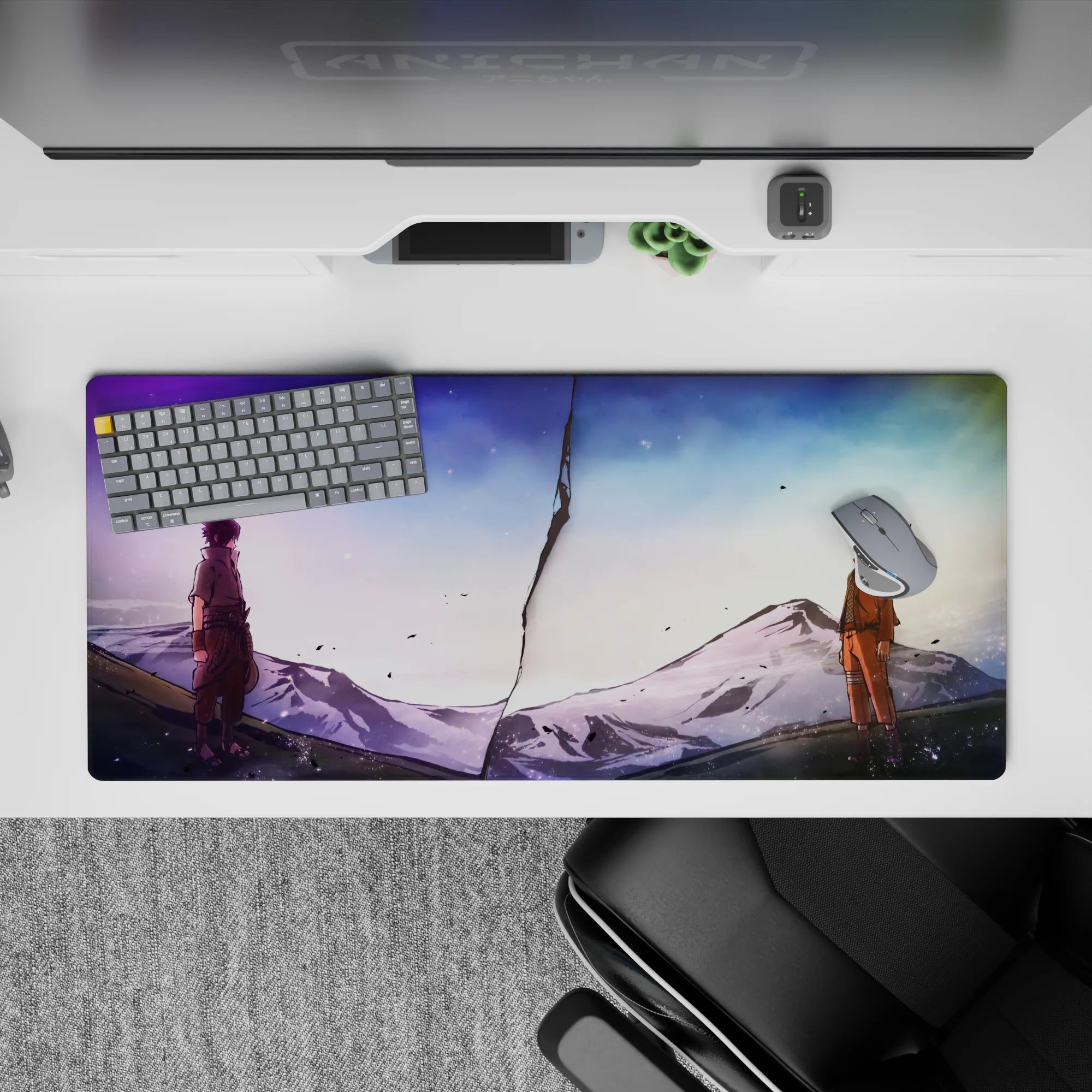 Lavender-to-icy blue anime desk pad 36x16 inches, calm storm mood with drifting ash flecks.