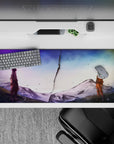 Lavender-to-icy blue anime desk pad 36x16 inches, calm storm mood with drifting ash flecks.
