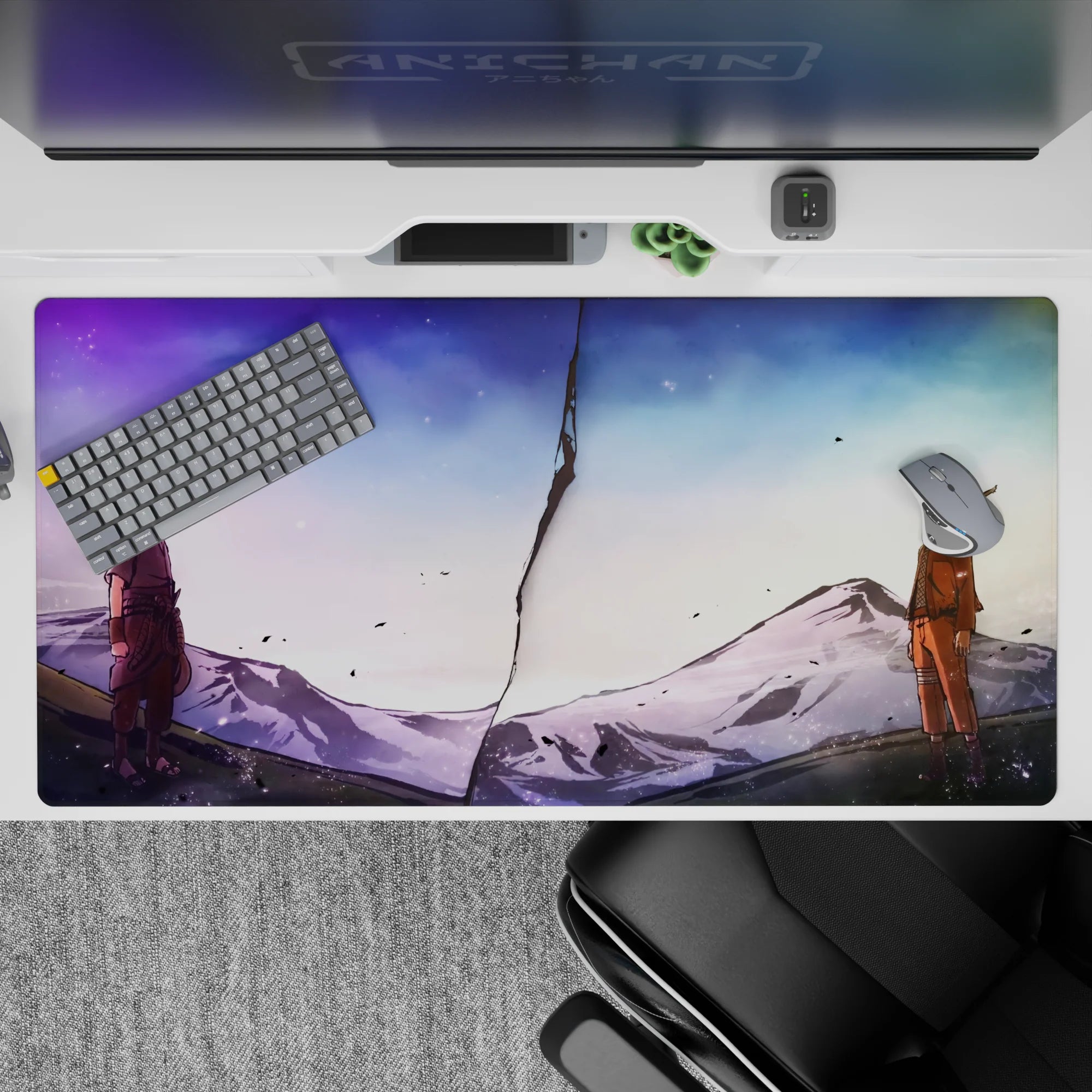 Lavender-to-icy blue anime desk pad 40x20 inches, calm storm mood with drifting ash over mountains.