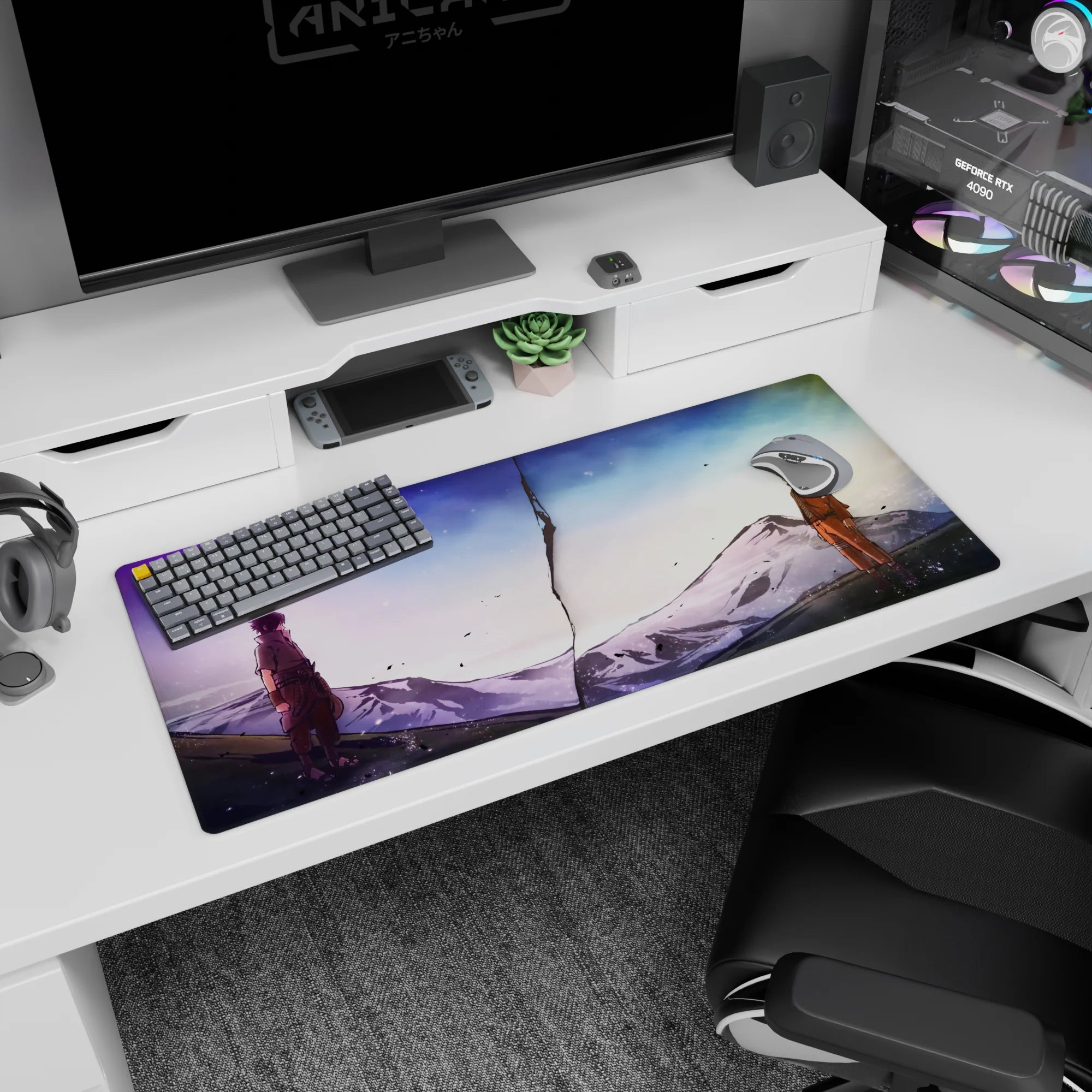 Naruto Uzumaki vs Sasuke Uchiha anime desk pad 36x16 inches, facing off across a broken rift.