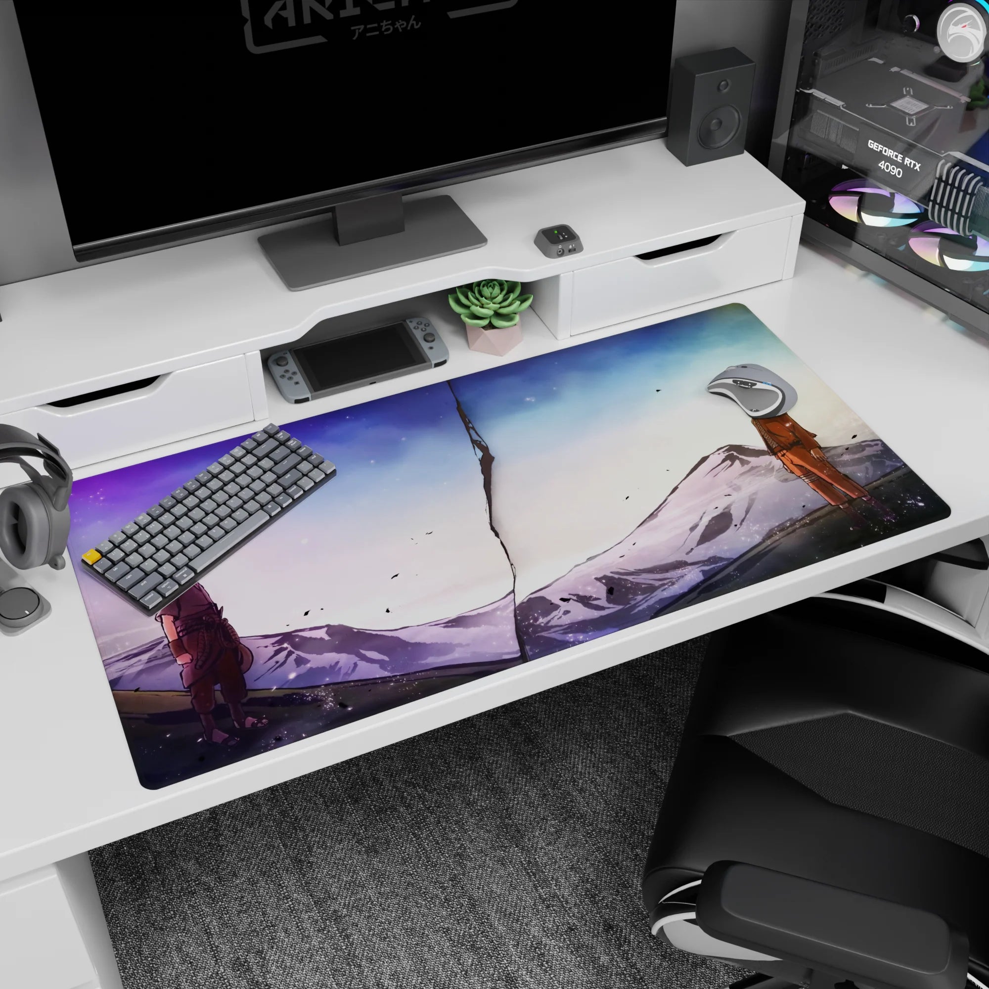 Naruto Uzumaki vs Sasuke Uchiha anime desk pad 40x20 inches, facing across a shattered rift.