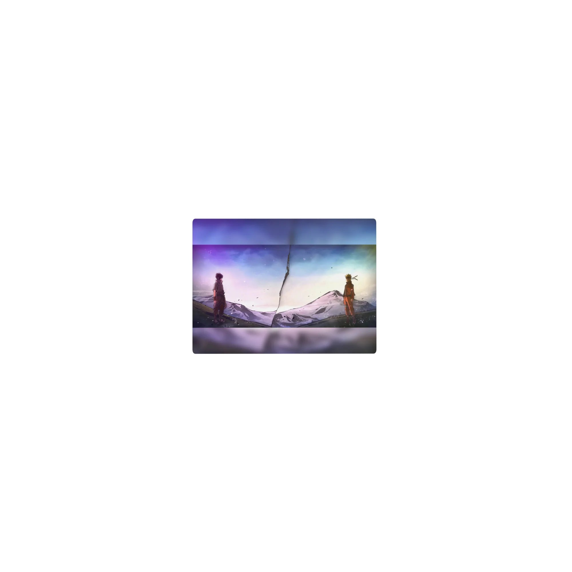 Classic anime mouse pad 14x10 inches with Naruto vs Sasuke across a jagged crack, snowy peaks backdrop.