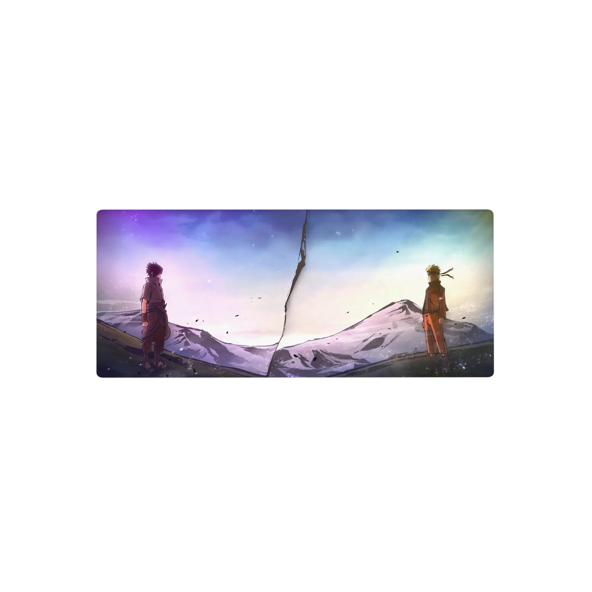 28x12 inches anime mouse pad with Naruto vs Sasuke across a jagged crack, snowy mountains backdrop.