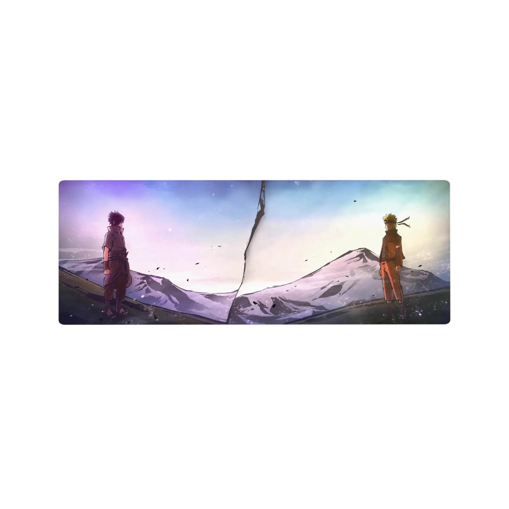 Naruto vs Sasuke split-crack anime mouse pad, panoramic desk mat 32x12 inches.