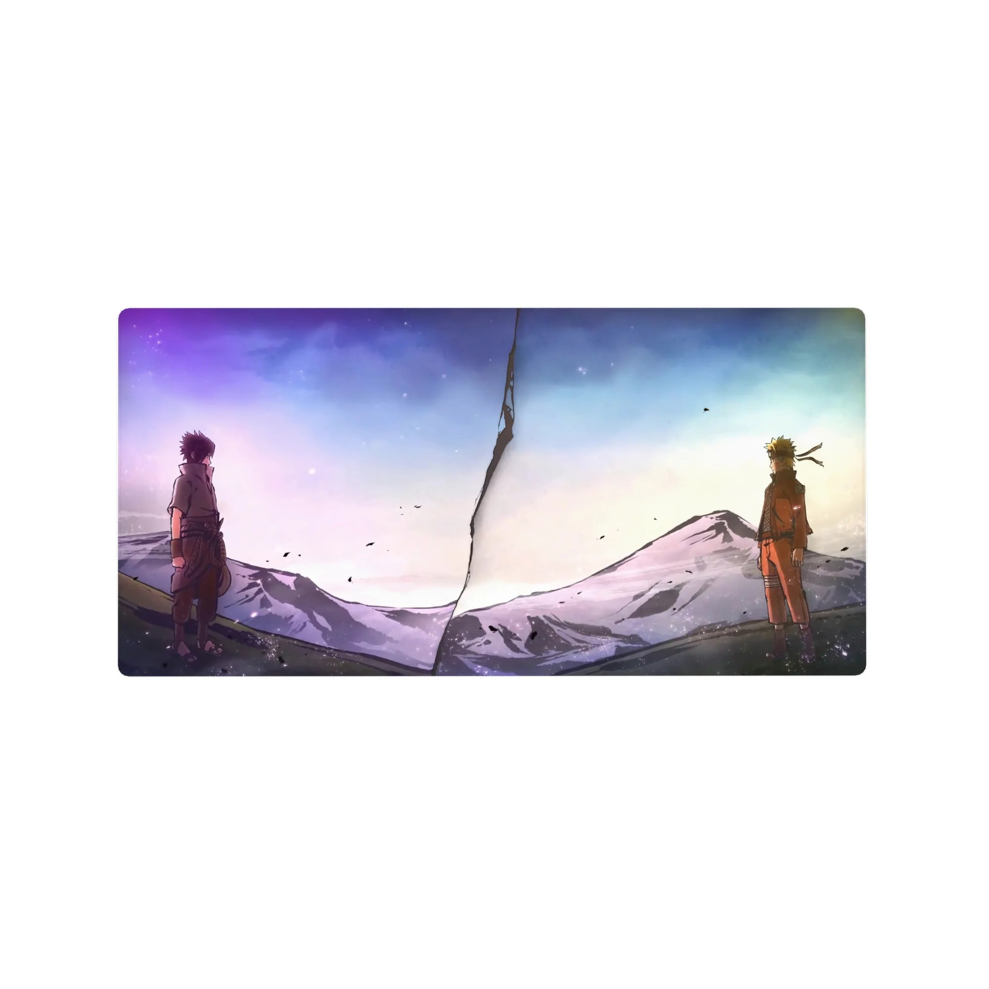 Naruto-themed 32x16 inches anime mouse pad with jagged crack standoff and snowy mountain backdrop.