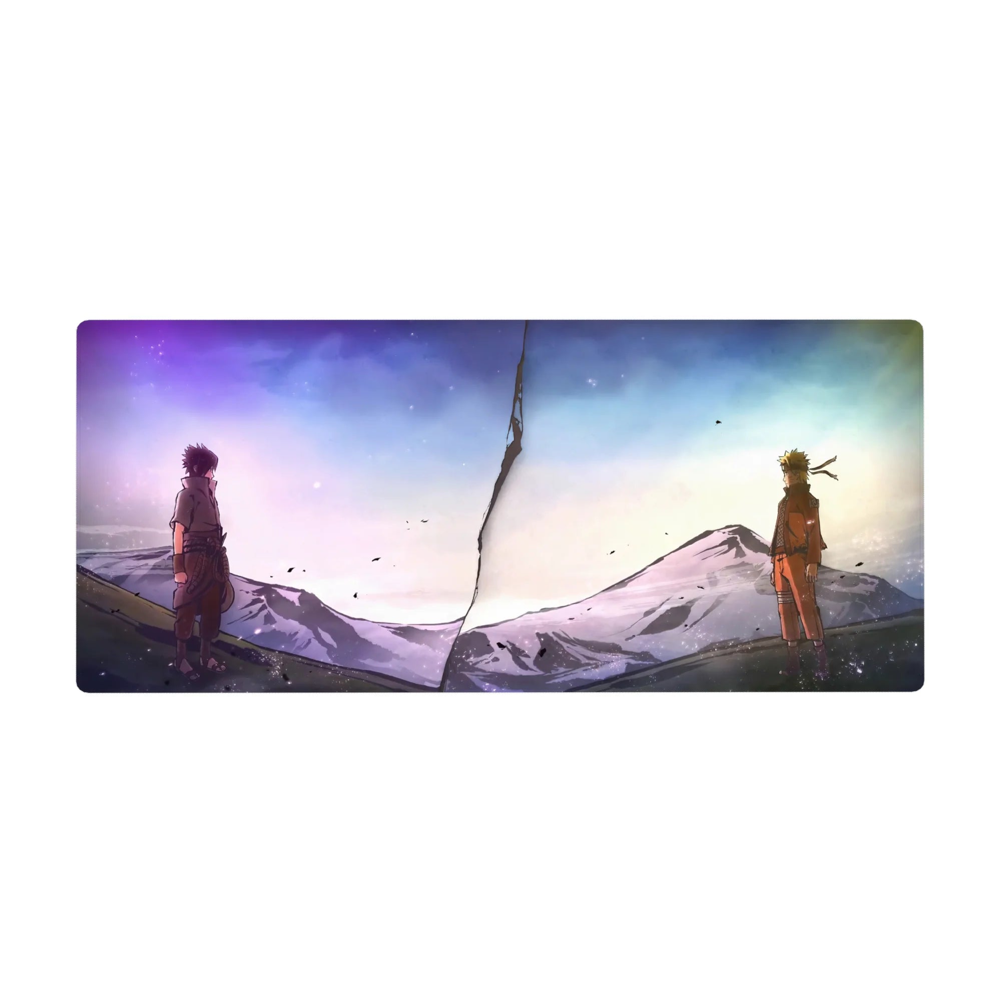 Naruto-inspired anime desk pad 36x16 inches with jagged crack standoff and snowy mountains.