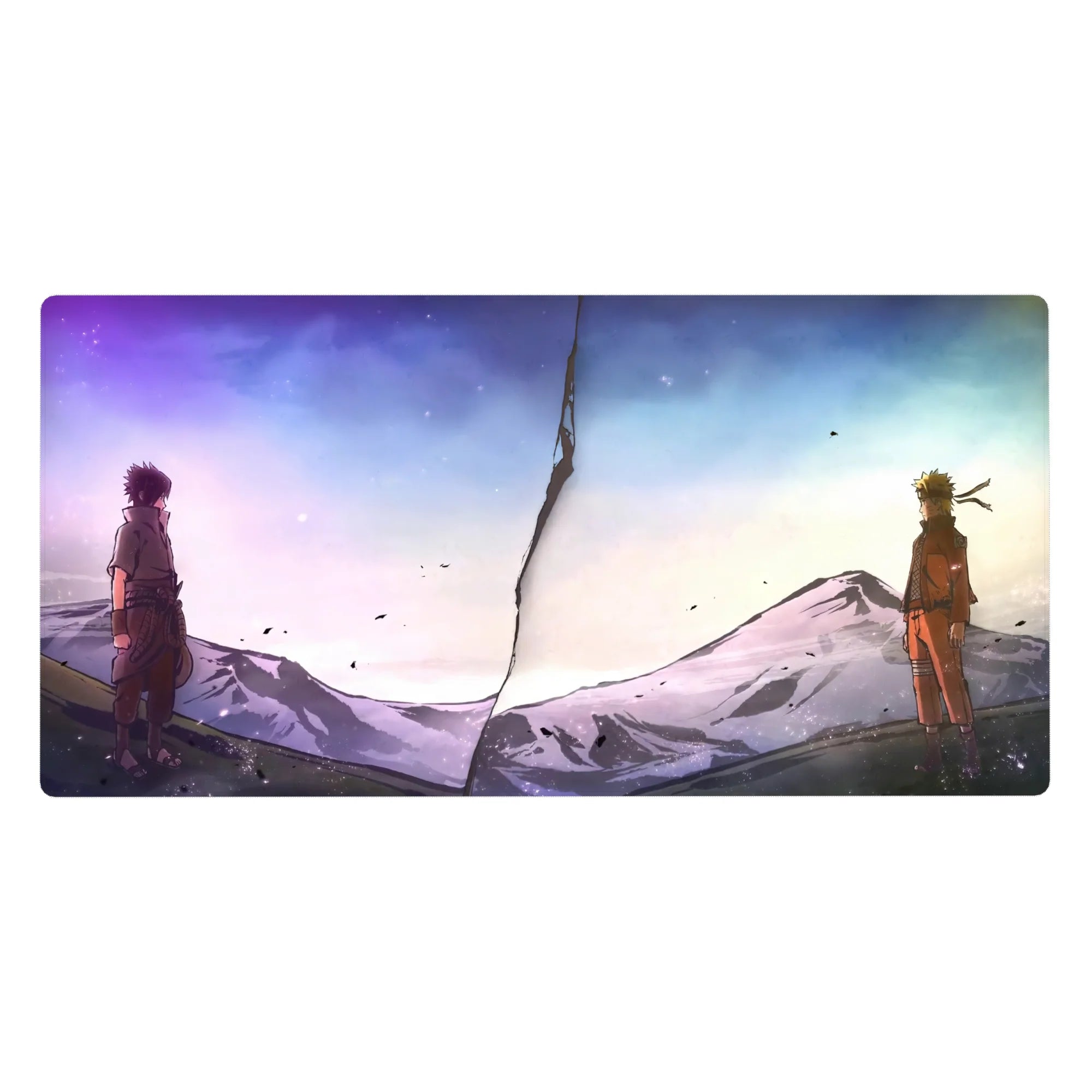 Naruto-inspired anime desk pad 40x20 inches with jagged crack face-off and snowy mountains backdrop.