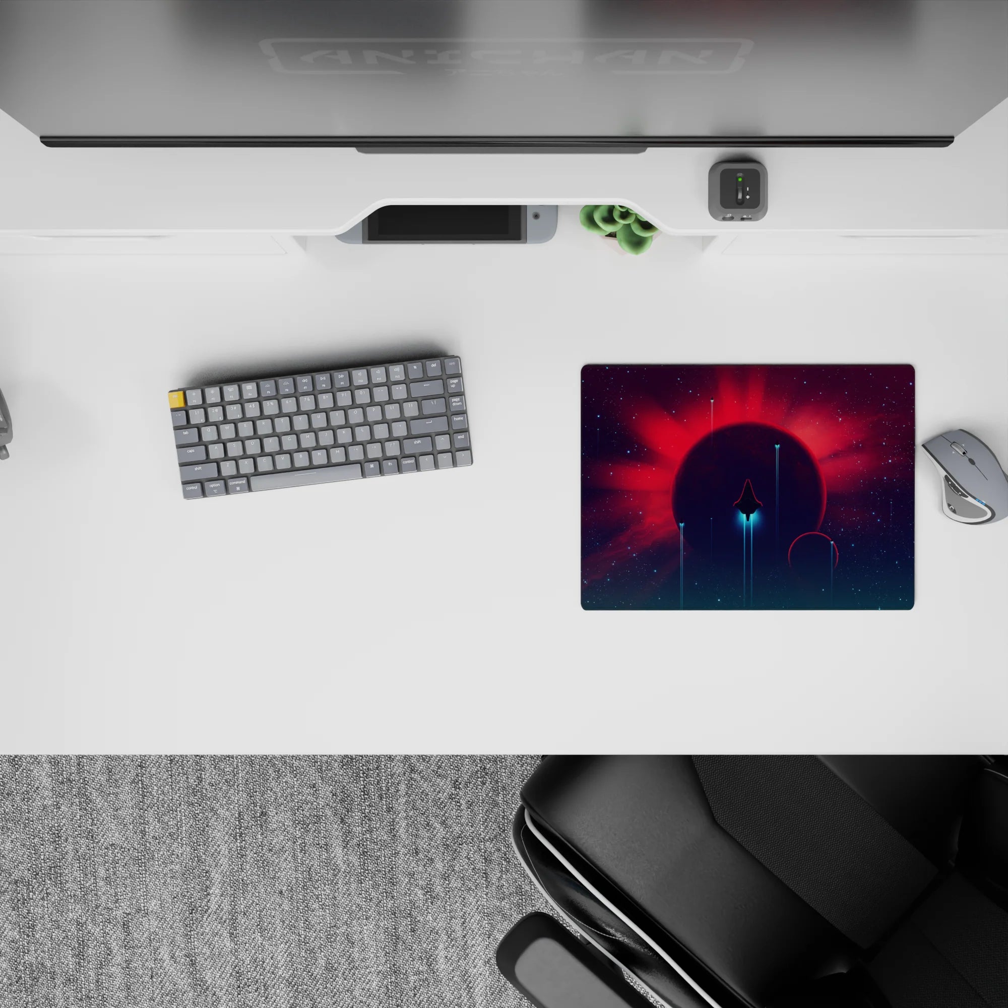 Calming sci-fi classic mouse pad 14x10 inches in deep purple, hot red rays, and teal haze.