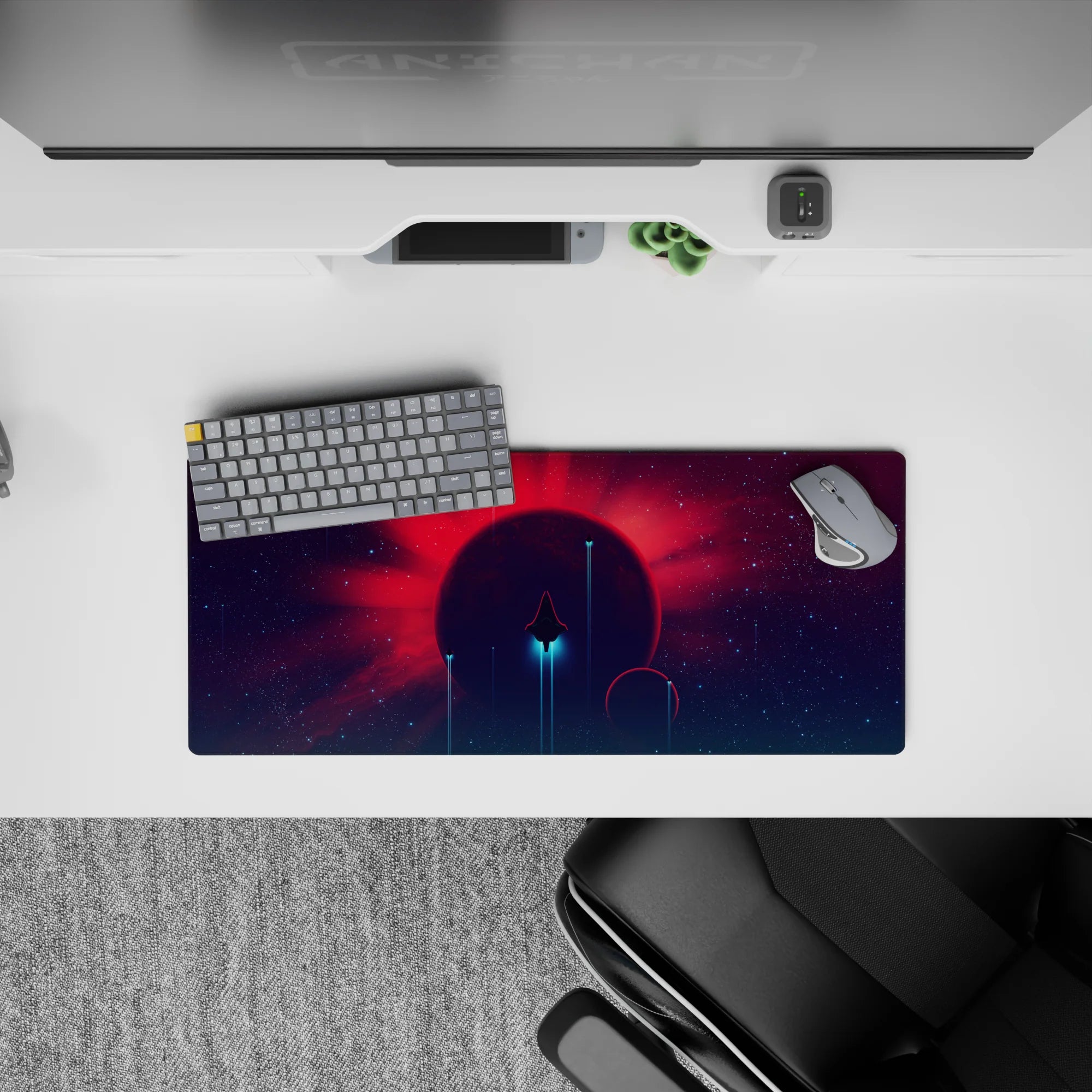 Calming sci-fi mouse pad 28x12 inches in deep purple, teal beams, and hot red sunrise glow.