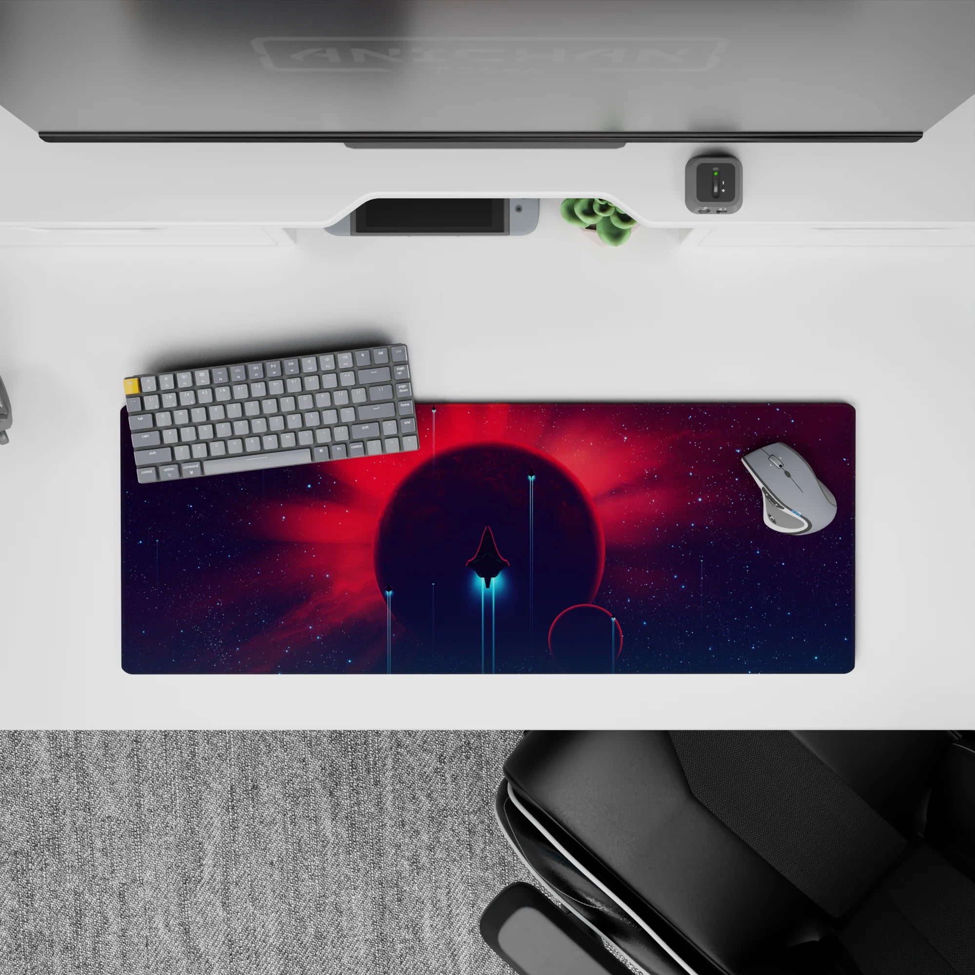 Calming sci-fi mouse pad 32x12 inches in deep purple with hot red glow and teal haze accents.