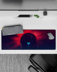 Calming sci-fi mouse pad 32x12 inches in deep purple with hot red glow and teal haze accents.