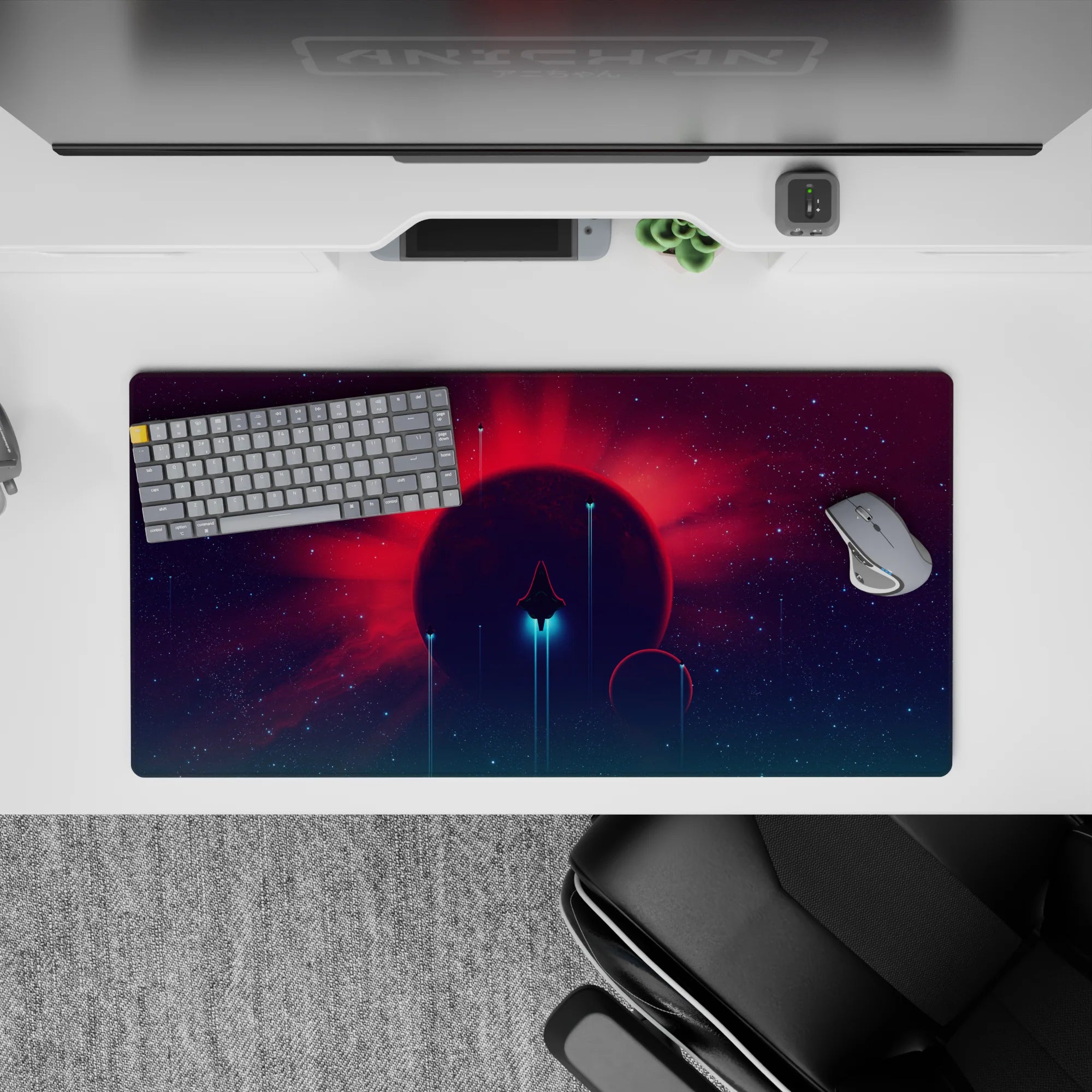 Calming sci-fi mouse pad 32x16 inches in deep purple, teal haze, and hot red sunrise rays.