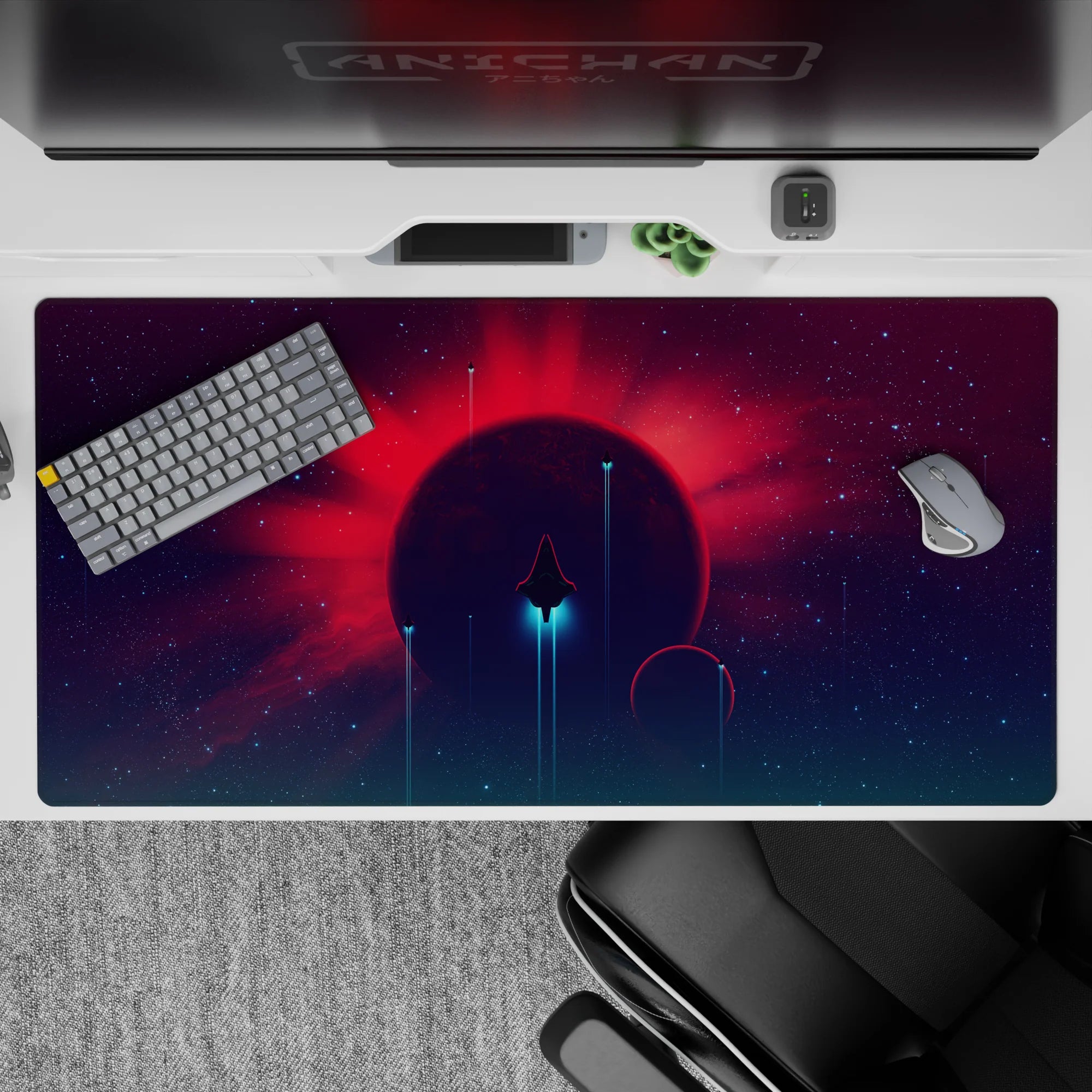 Calming yet dramatic 40x20 inches desk pad in deep purple, teal beams, and hot red cosmic glow.