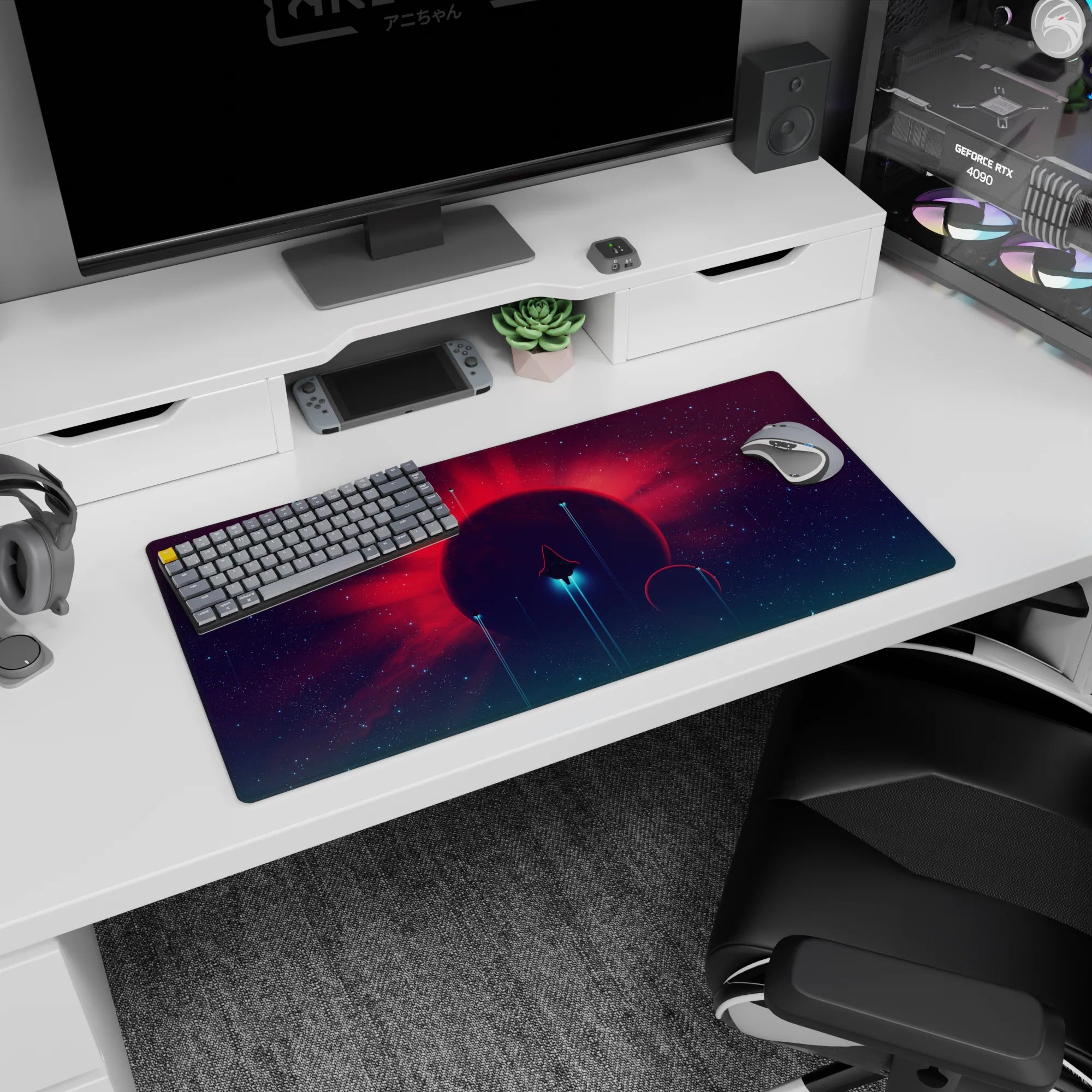 Giant red-rayed planet over a starry purple sky mouse pad 32x16 inches with teal streaks.