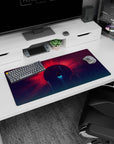 Giant red-rayed planet over a starry purple sky mouse pad 32x16 inches with teal streaks.