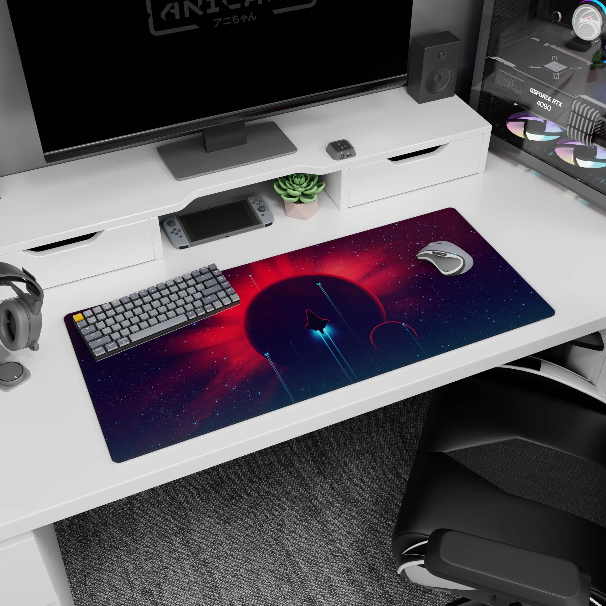 Giant glowing planet sunrise scene desk pad 36x16 inches under a starry purple sky with teal light beams.