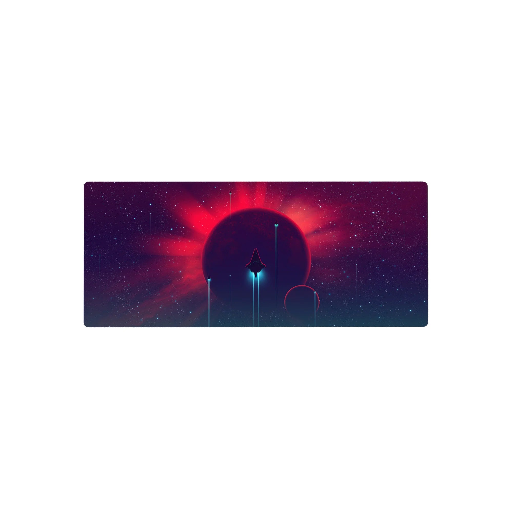Neon space scene desk mouse pad, 28x12 inches, with stars, gradients, and a glowing planet.