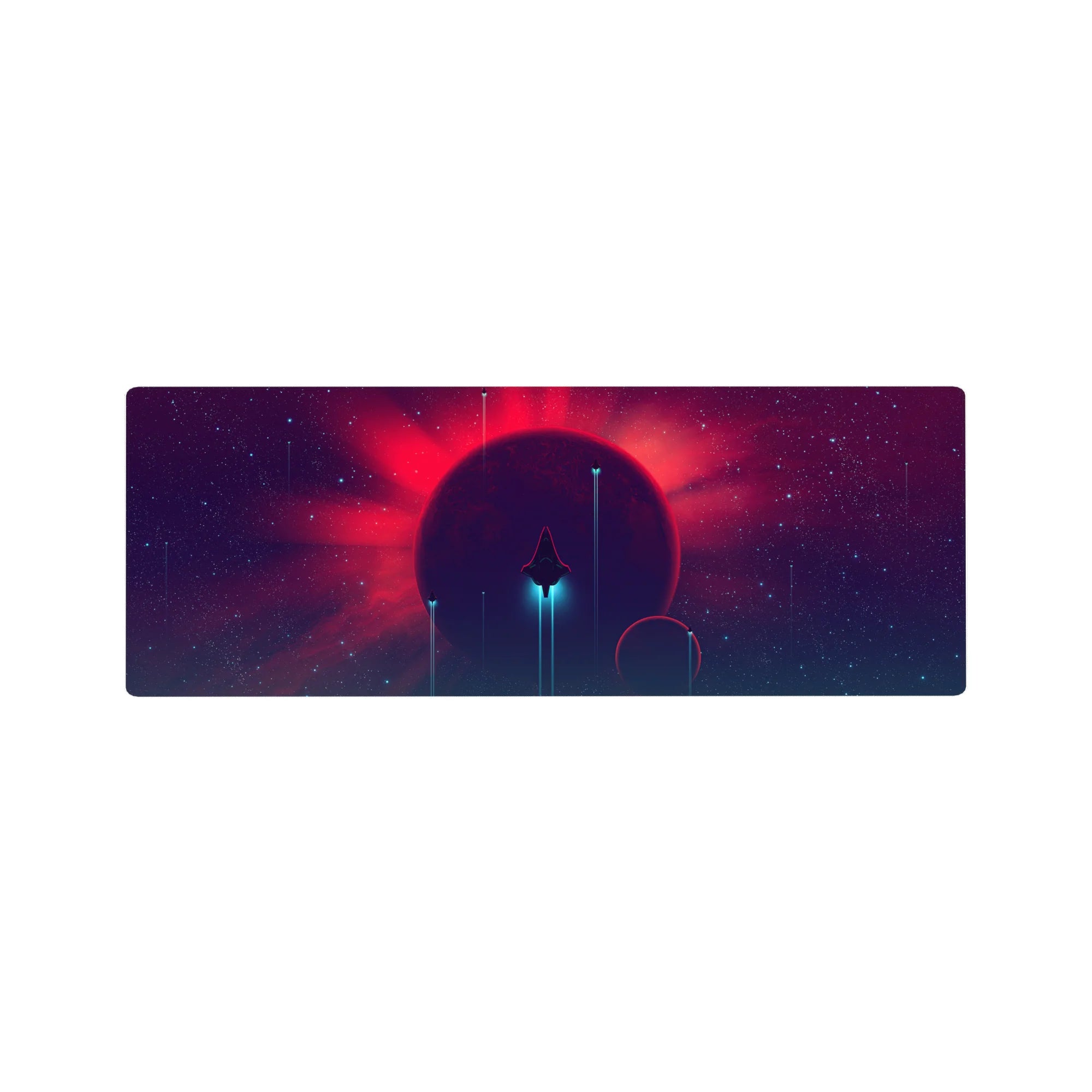 Neon space scene desk mouse pad 32x12 inches with stars, teal beams, and smooth gradient design.