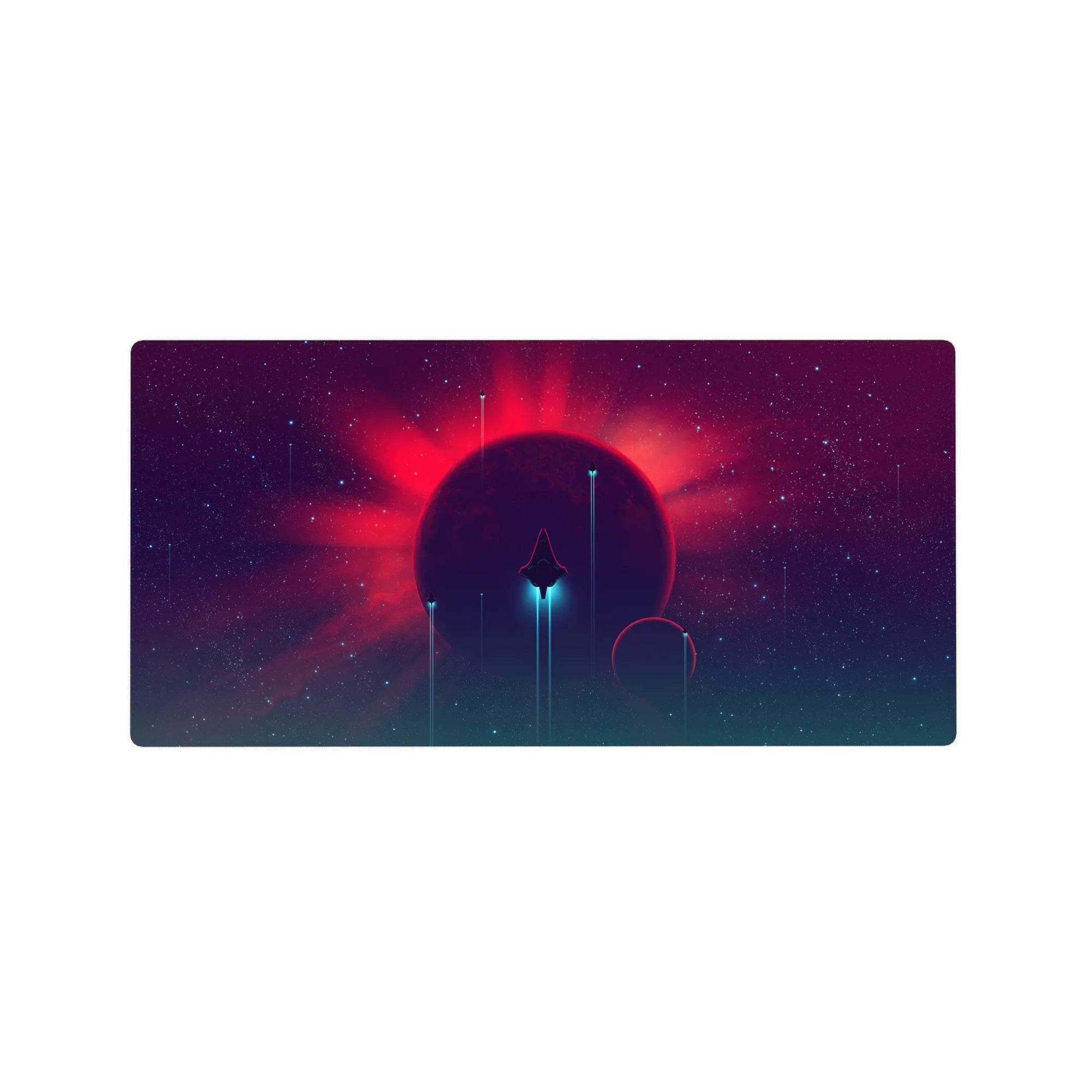 Neon space scene mouse pad 32x16 inches with stars, glowing planet, and teal light beams.