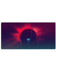 Neon space scene mouse pad 32x16 inches with stars, glowing planet, and teal light beams.