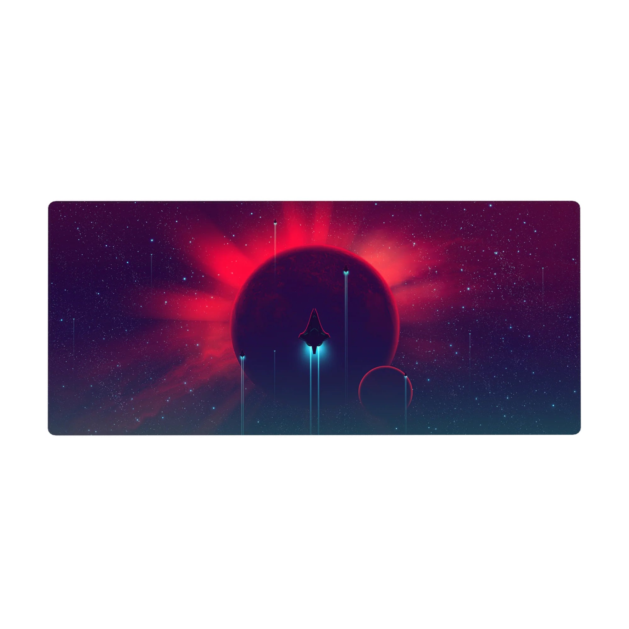 Neon space desk pad 36x16 inches with stars, glowing planet, teal beams, and smooth gradients.