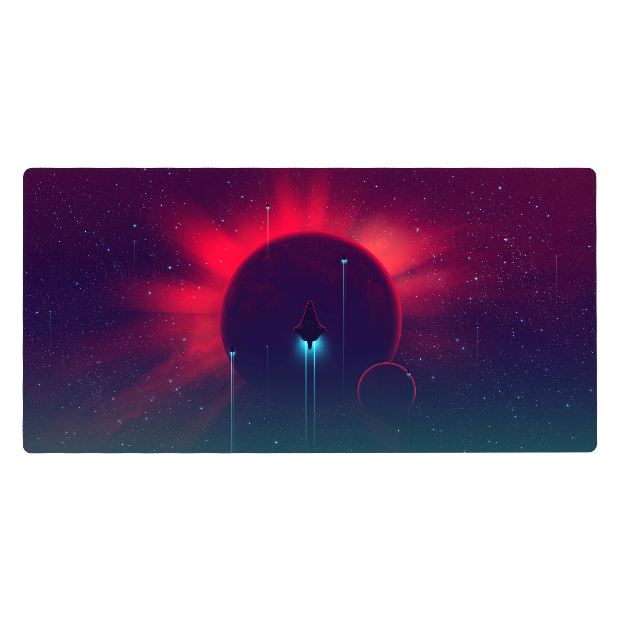 Neon space desk pad 40x20 inches with starry purple sky, glowing planet, and sleek sci-fi gradients.