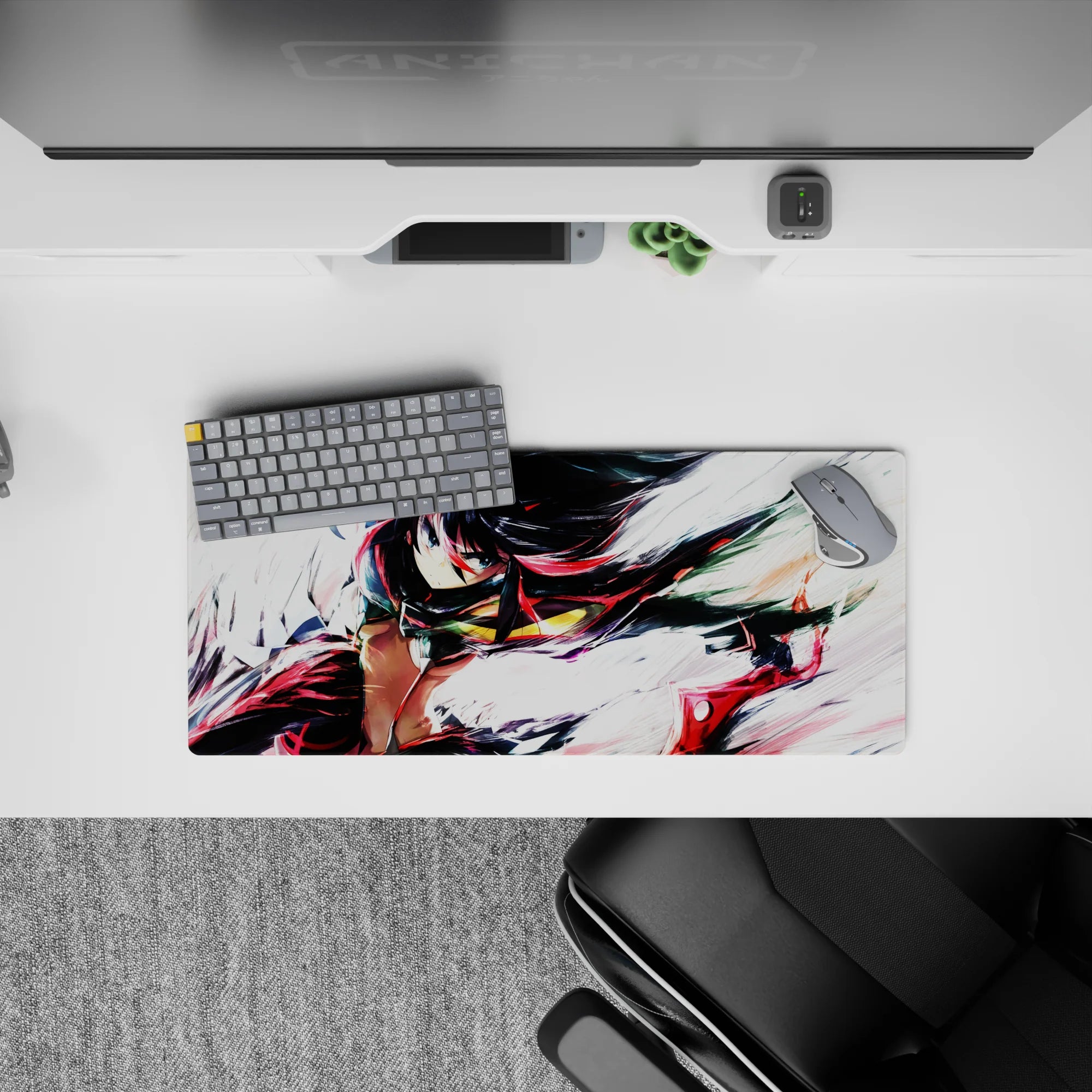 28x12 inches anime girl mouse pad in deep reds and inky blacks on a bright white, high-speed vibe.