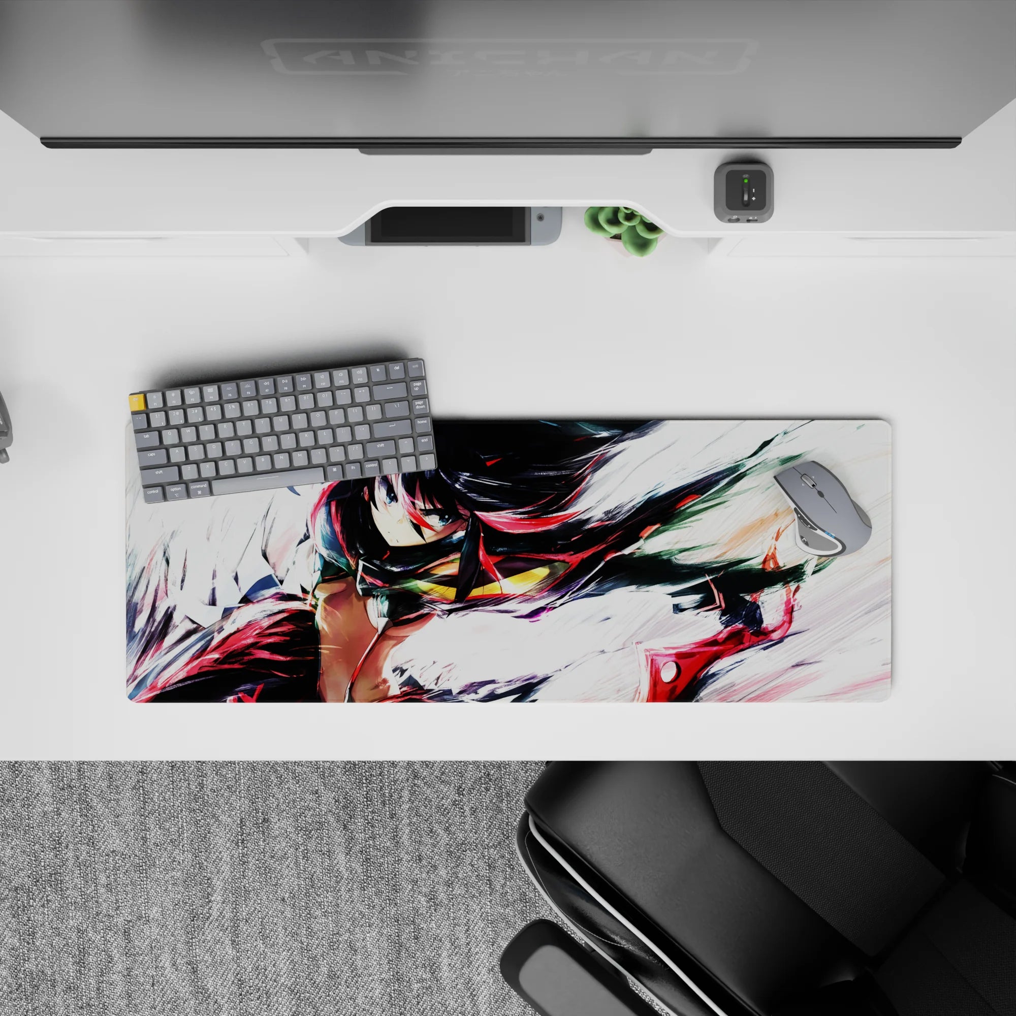 32x12 inches anime girl desk mat in deep reds and inky shadows with metallic accents, fast loud vibe.