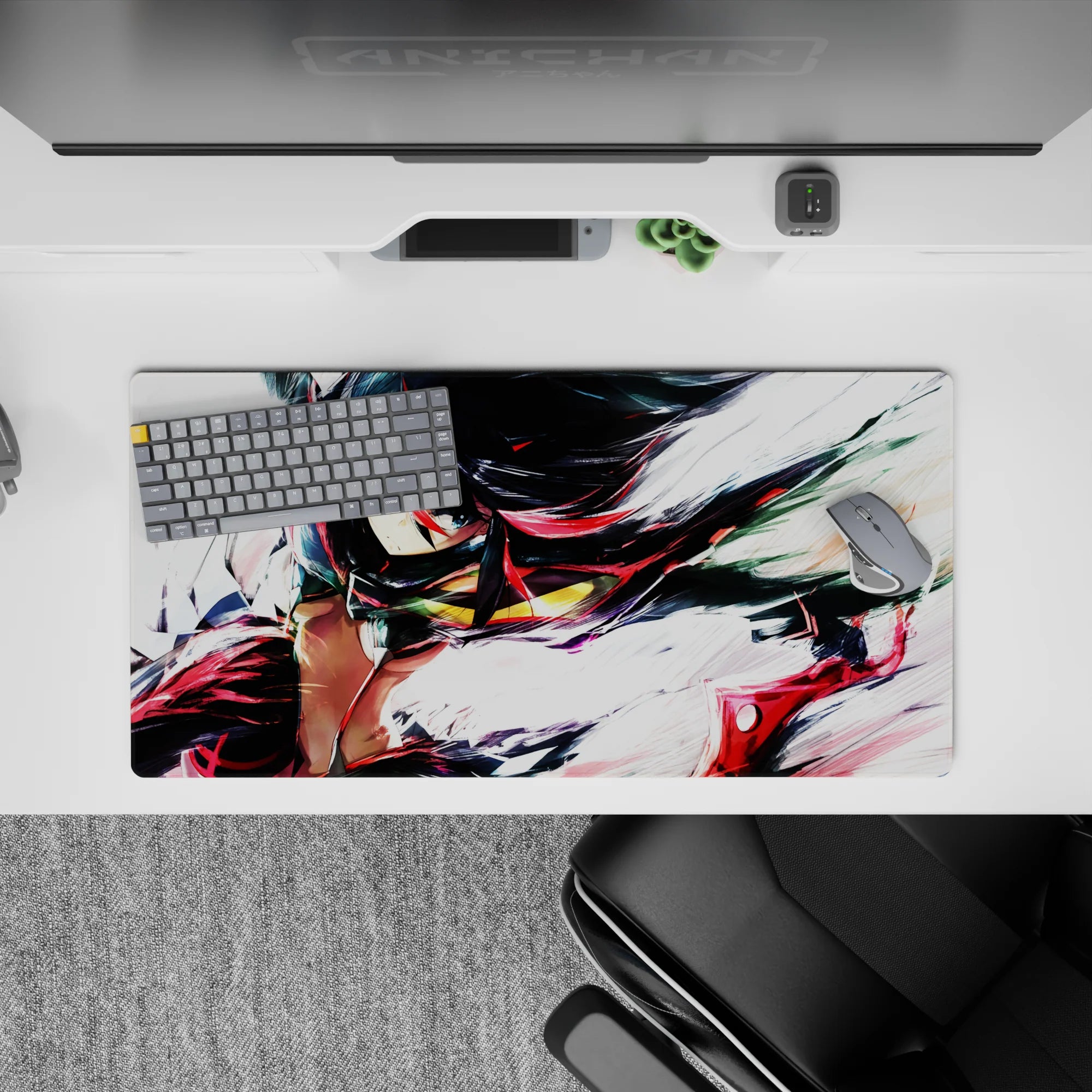 32x16 inches anime girl mouse pad in deep reds and inky shadows, metallic accents, fast loud vibe.