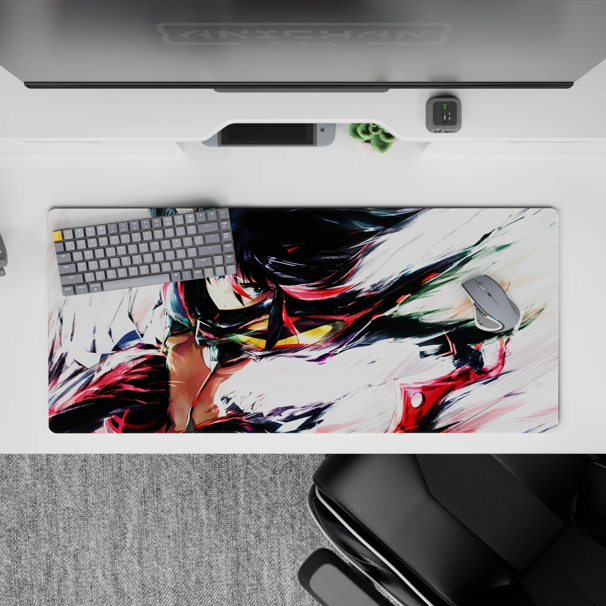 Red-and-black anime desk pad 36x16 inches with bold metallic accents and fast, loud street-battle vibe.