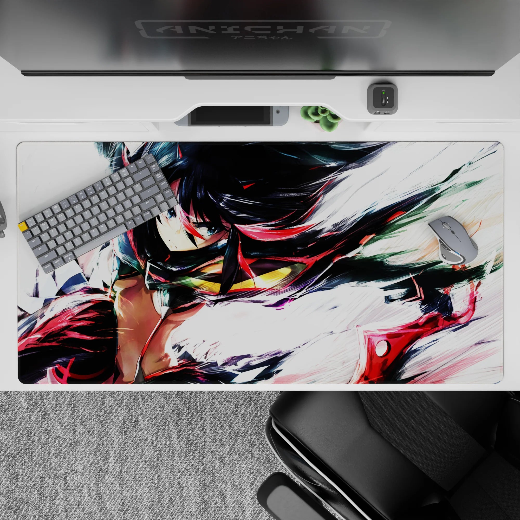 40x20 inches anime desk pad in deep reds and black, gritty street-battle vibe on bright white.