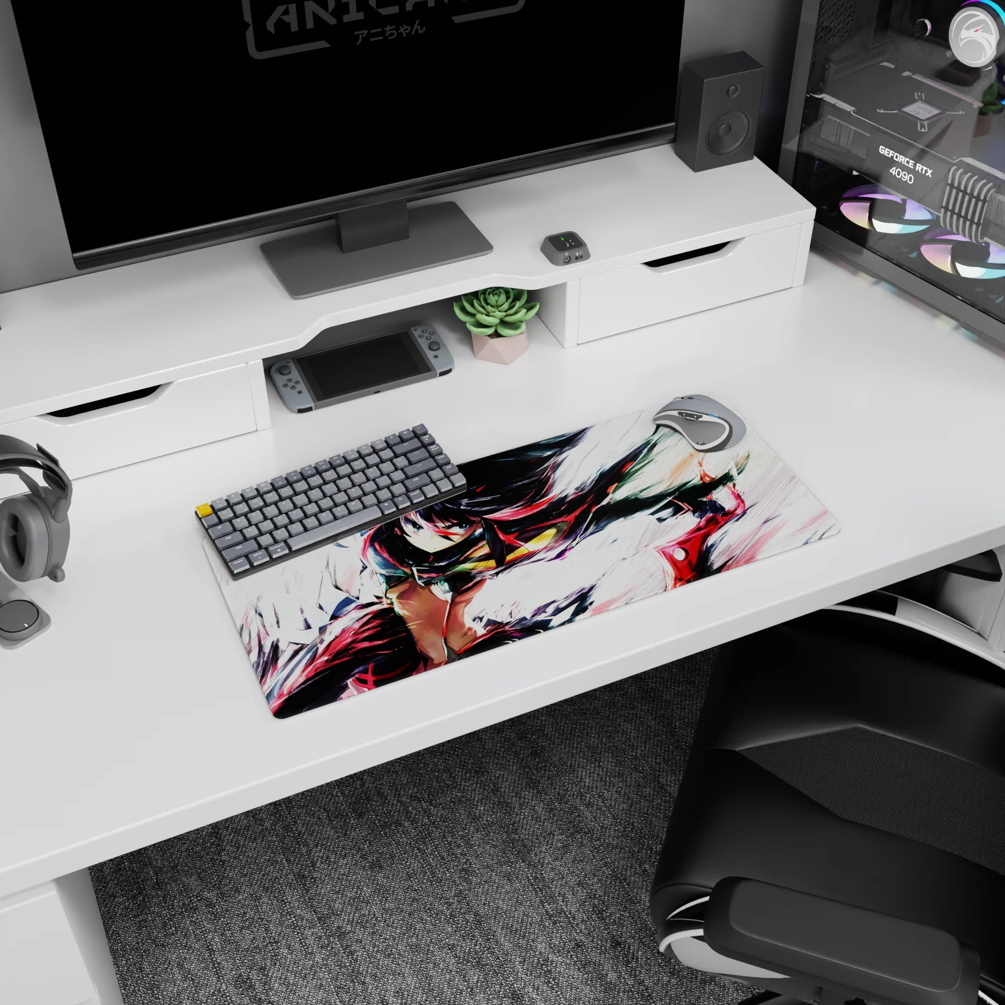 Anime girl mouse pad 28x12 inches showing black hair with red streaks, lunging mid-sprint on white.