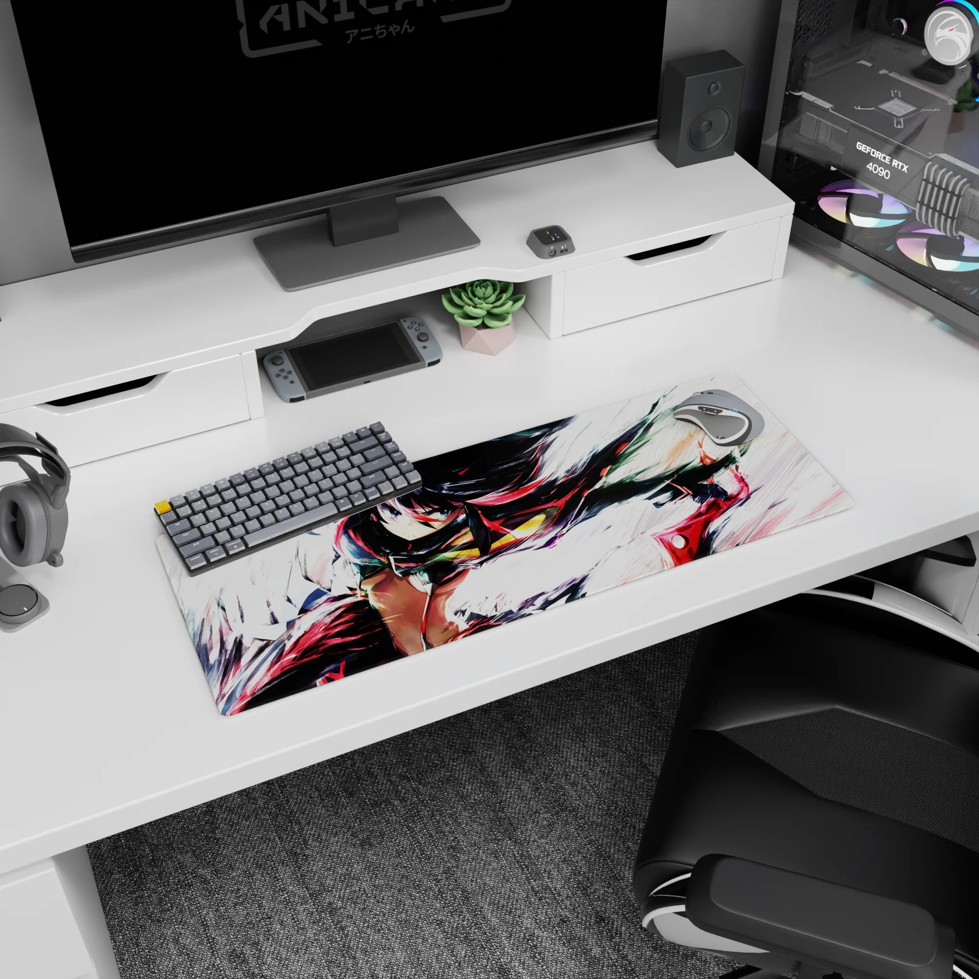 32x12 inches anime girl mouse pad showing a fierce warrior in a sideways lunge, motion lines and paint swipes.