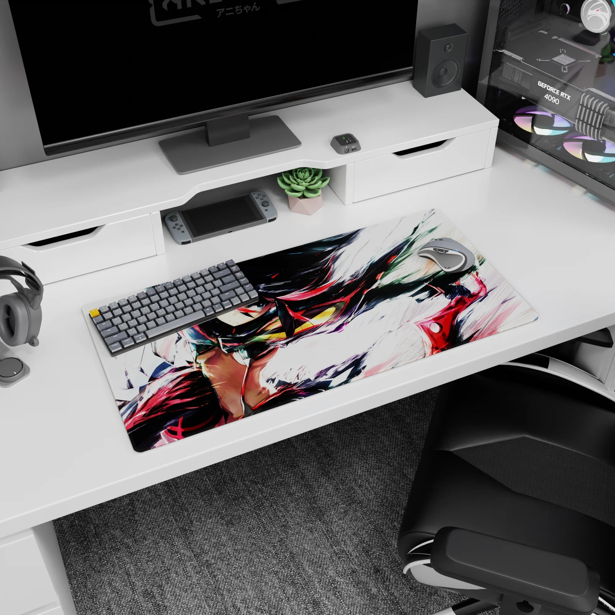 32x16 inches anime girl mouse pad showing a lunging runner pose, intense eyes, motion lines and paint swipes.
