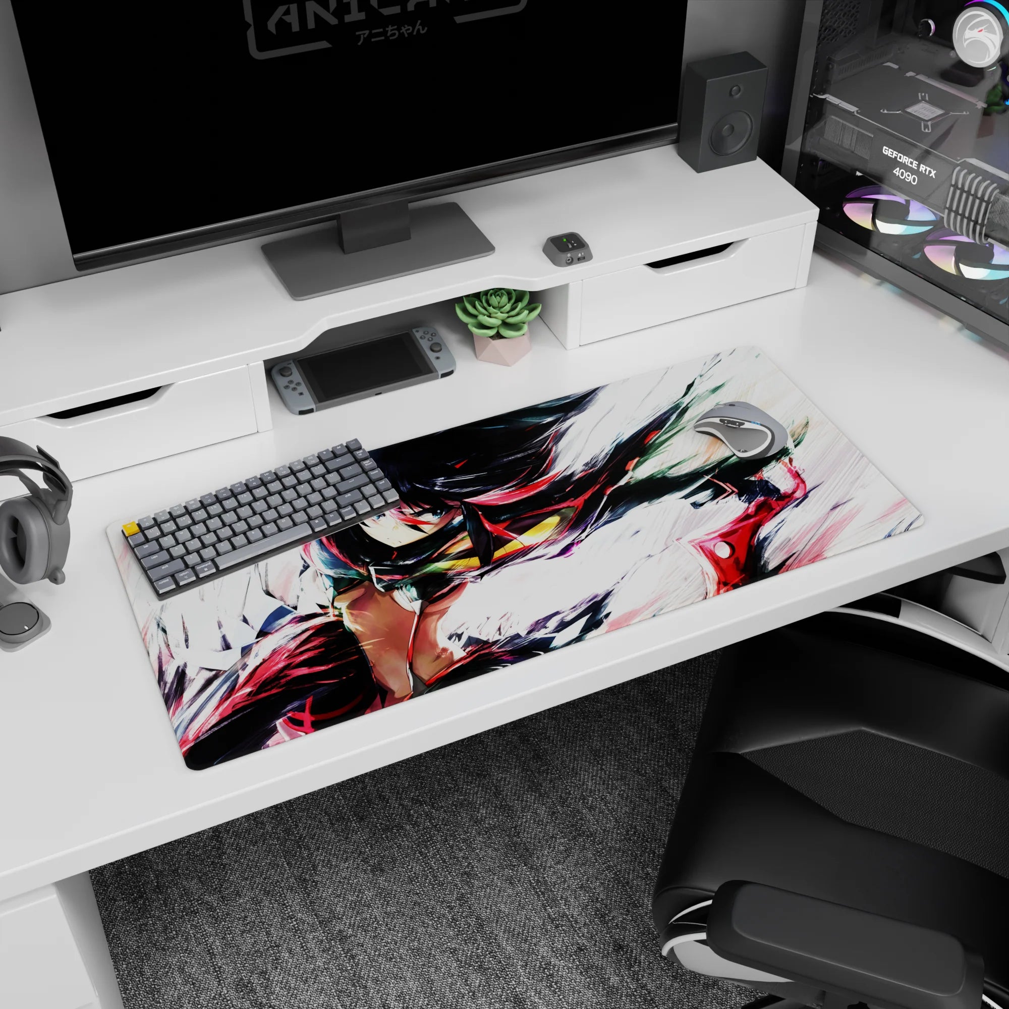 Anime girl desk pad 36x16 inches showing a red-streaked black-haired heroine lunging mid-sprint.