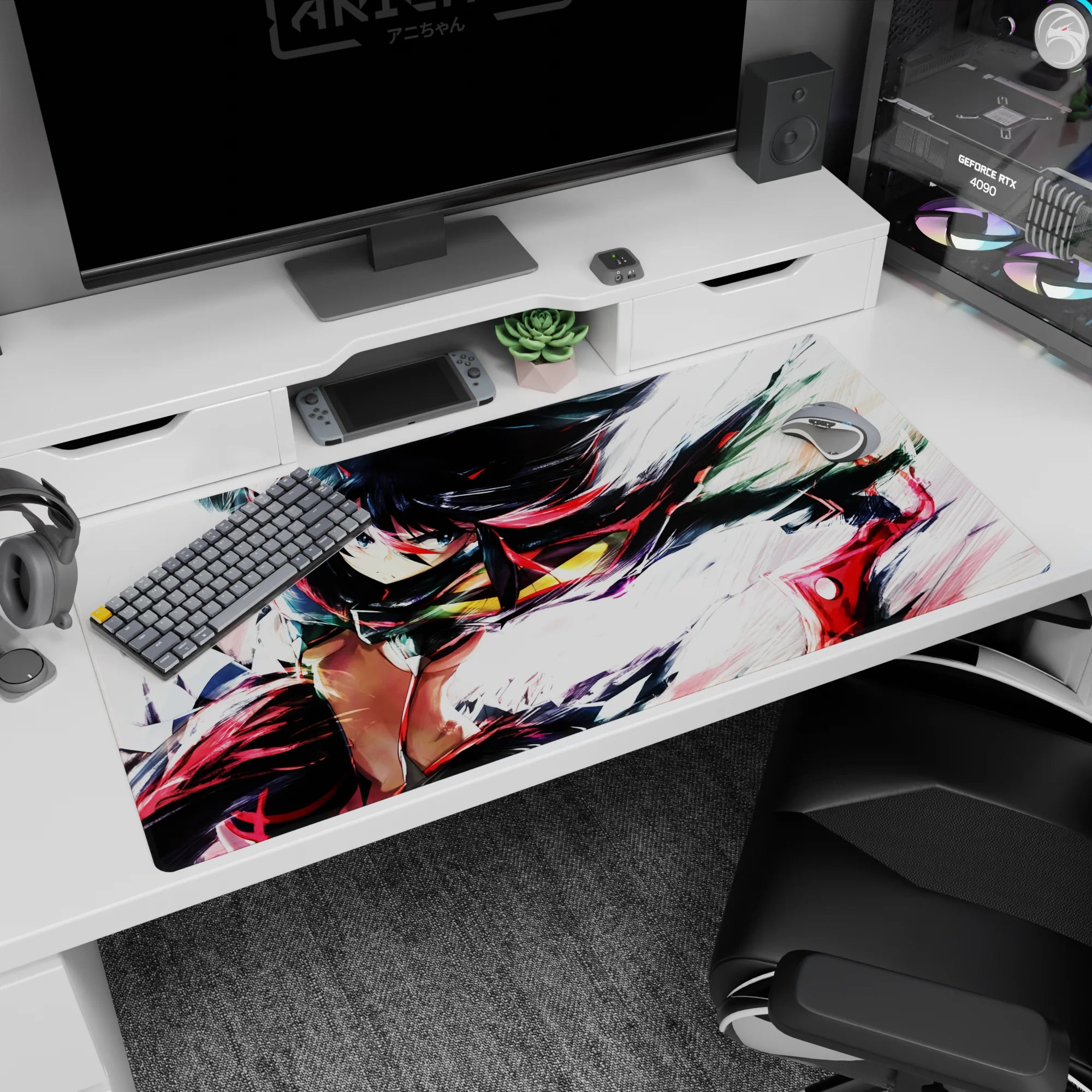 Anime girl desk pad 40x20 inches showing black-and-red haired warrior lunging mid-sprint.