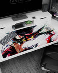 Anime girl desk pad 40x20 inches showing black-and-red haired warrior lunging mid-sprint.