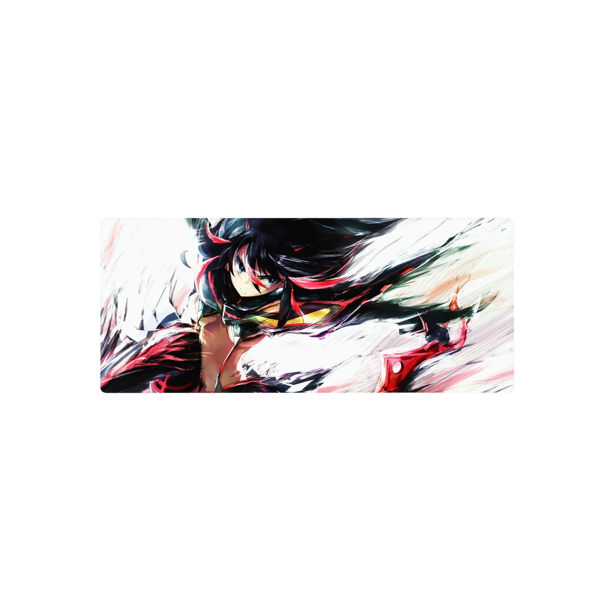 Anime girl mouse pad 28x12 inches with fierce heroine, motion lines, and paint-swipe street armor style.