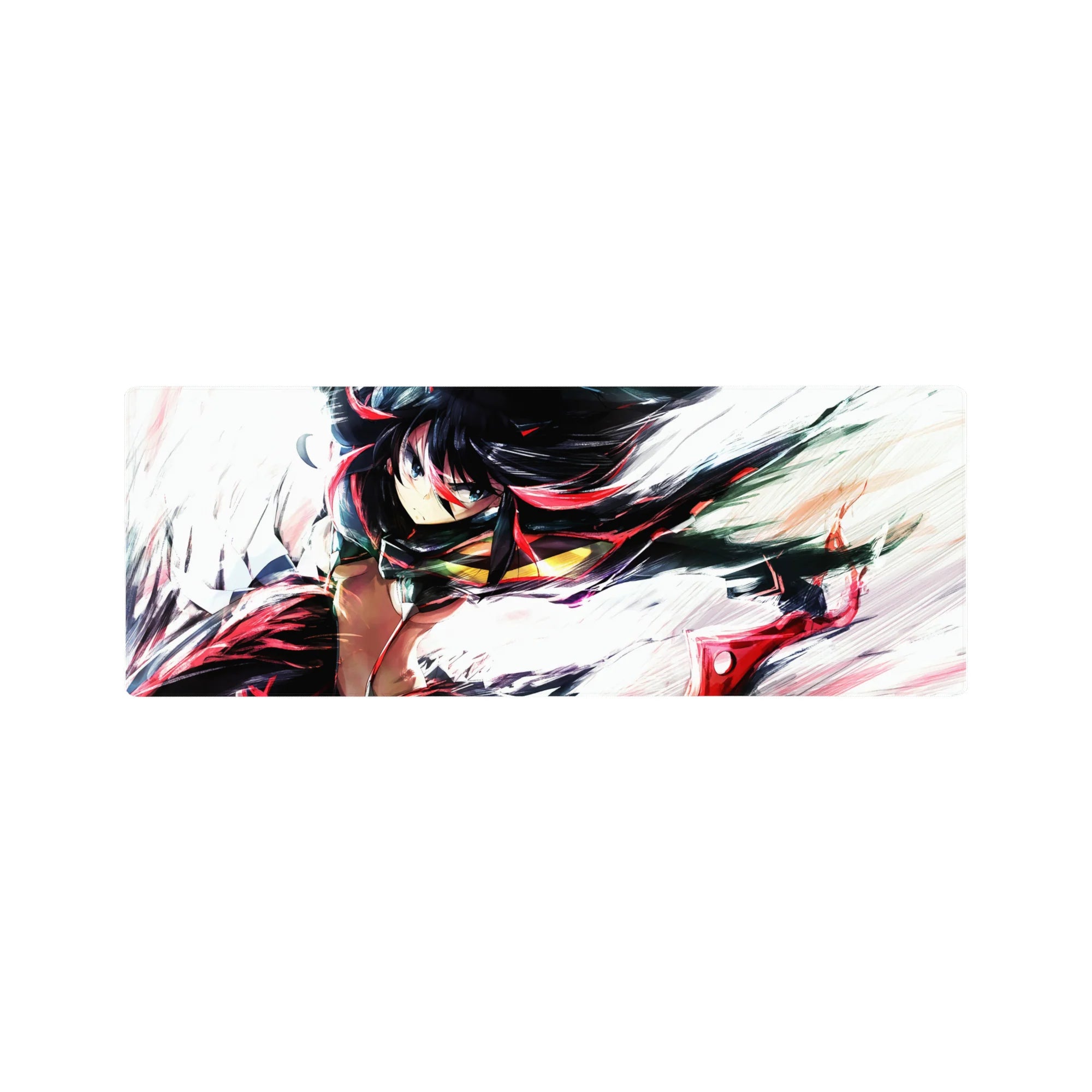 32x12 inches anime girl mouse pad with sprinting heroine, red-streaked black hair, brushy white backdrop.
