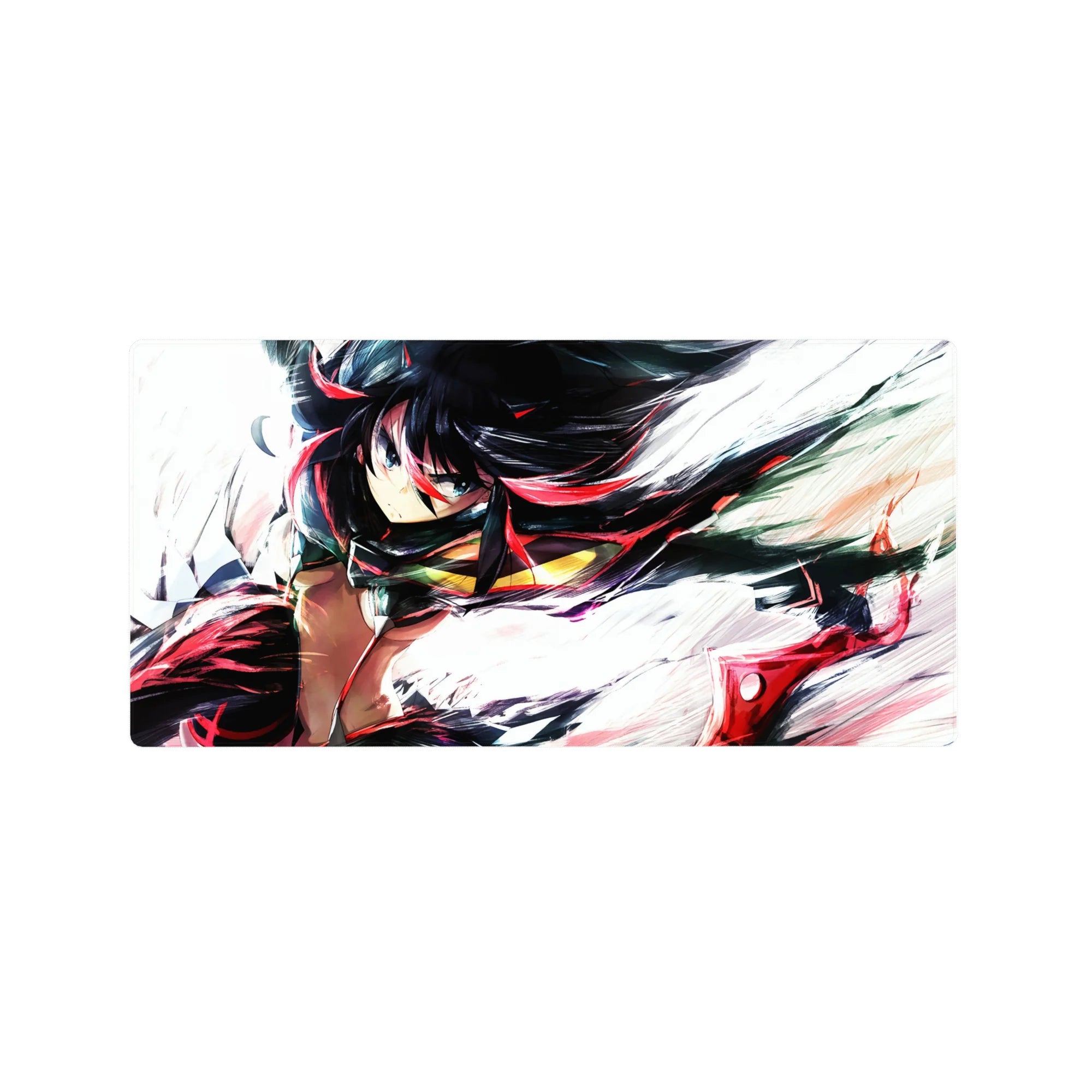 32x16 inches anime girl mouse pad with fierce heroine, red-streaked black hair, brushy white backdrop.