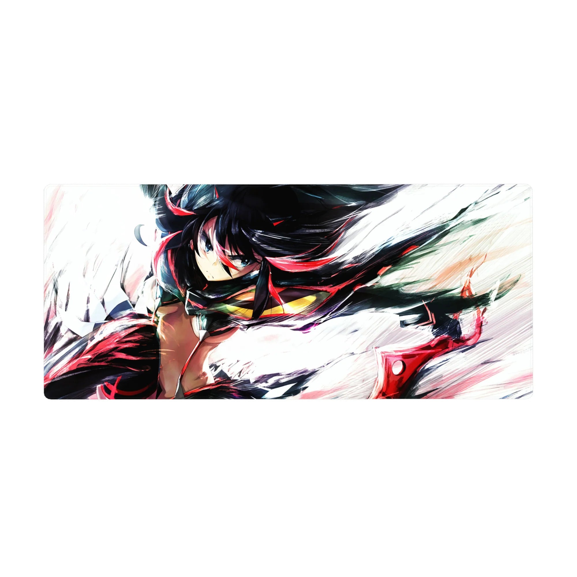 Anime girl desk pad 36x16 inches with fierce heroine, motion lines, and brushy white background.
