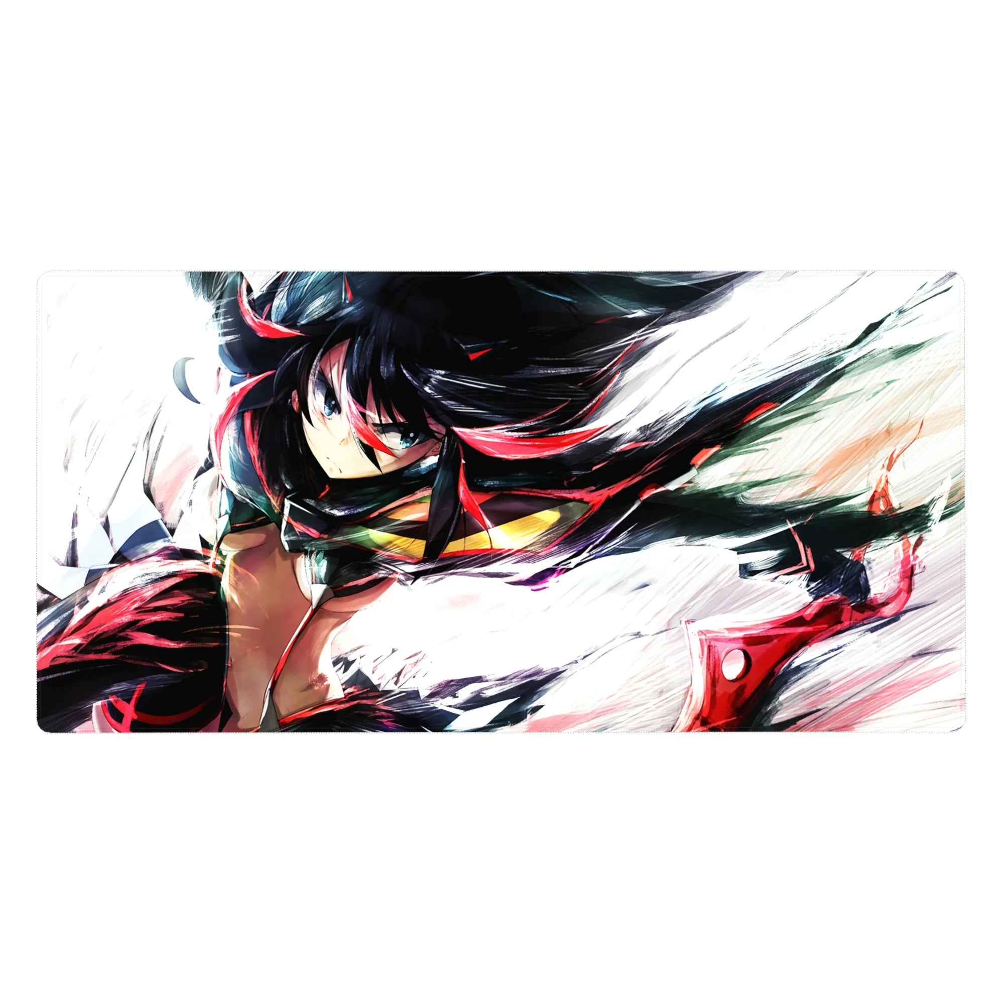 Anime girl desk pad 40x20 inches with fierce heroine, motion lines, and brushy white backdrop.