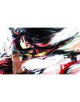 Anime girl desk pad 40x20 inches with fierce heroine, motion lines, and brushy white backdrop.