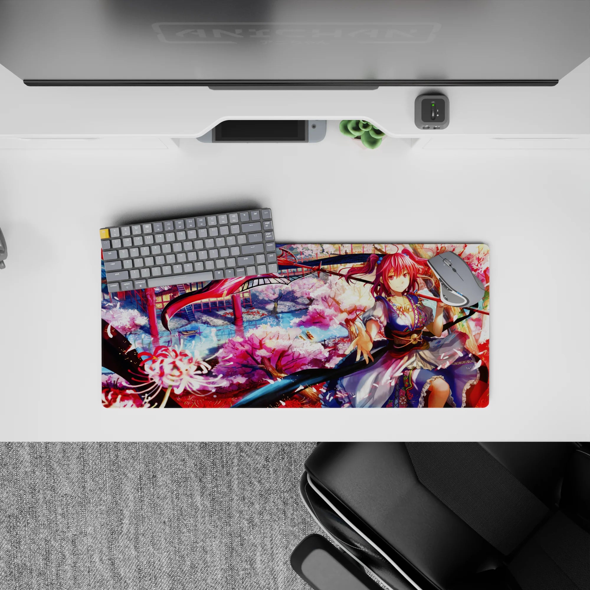 28x12 inches anime desk mat in lantern red, sakura pink, and river blue for a dreamy fantasy vibe.