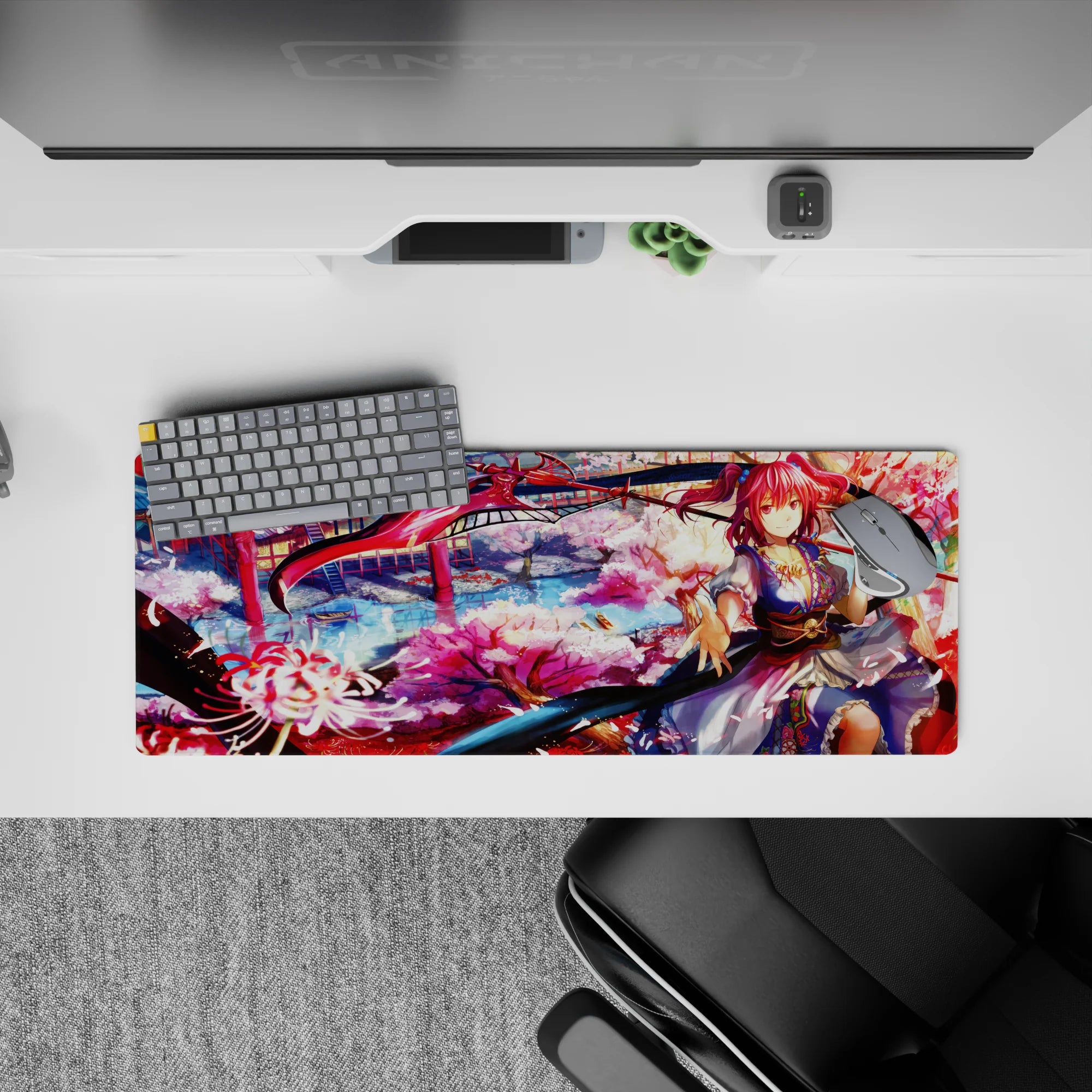 32x12 inches anime desk mat in lantern reds, sakura pinks, and river blues with dreamy festival vibe.