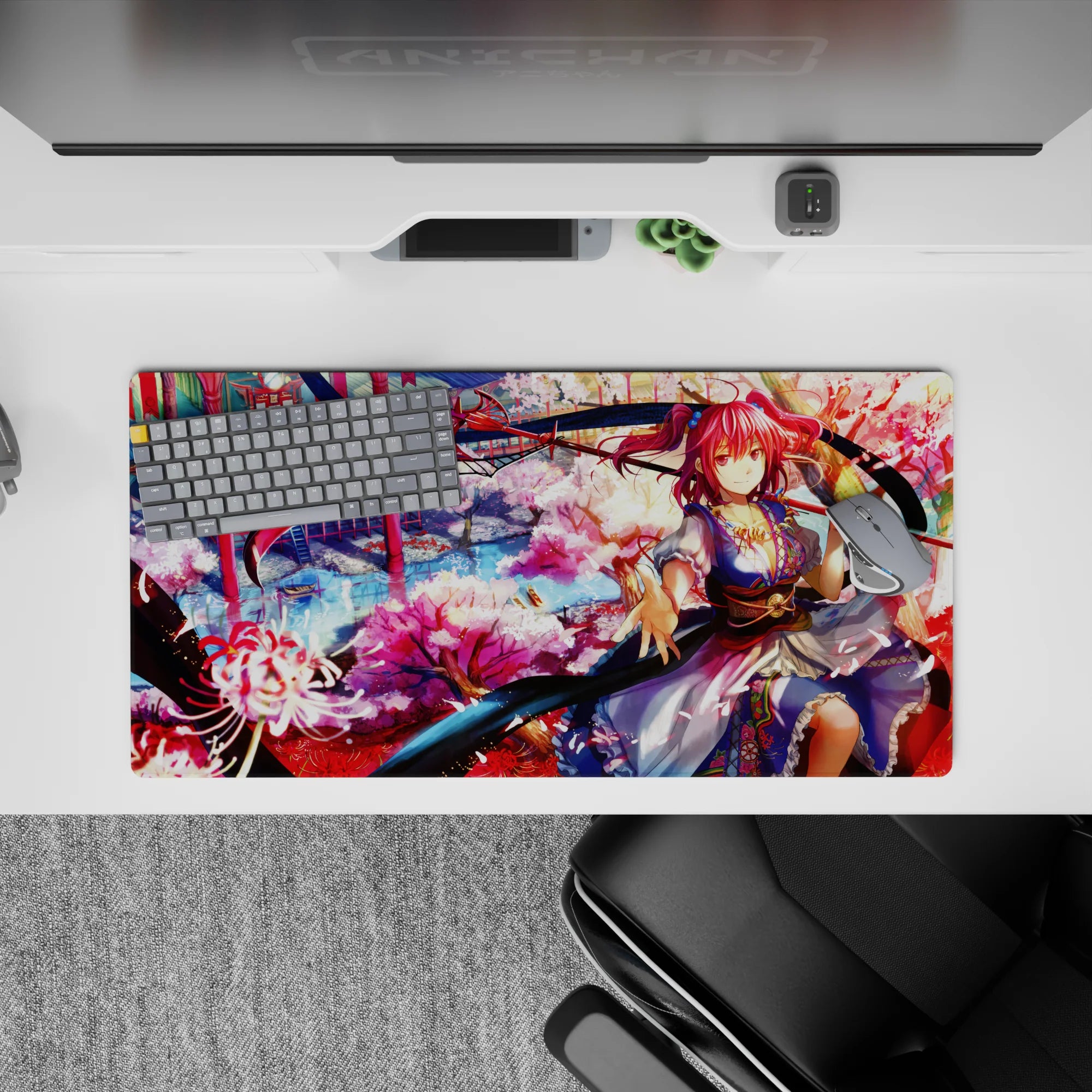 32x16 inches anime girl mouse pad in dreamy festival hues: lantern red, sakura pink, cool river blue.