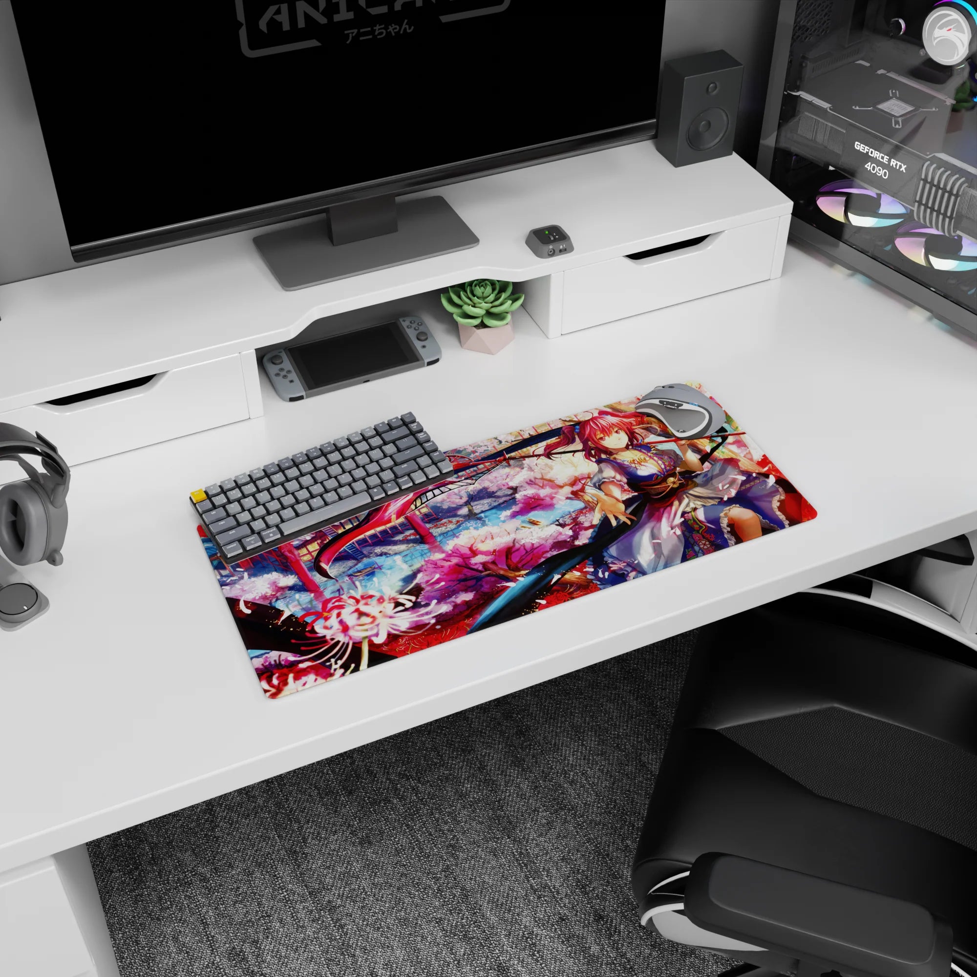 28x12 inches mouse pad showing a pink-haired kimono warrior smiling amid cherry blossoms, petals swirling.